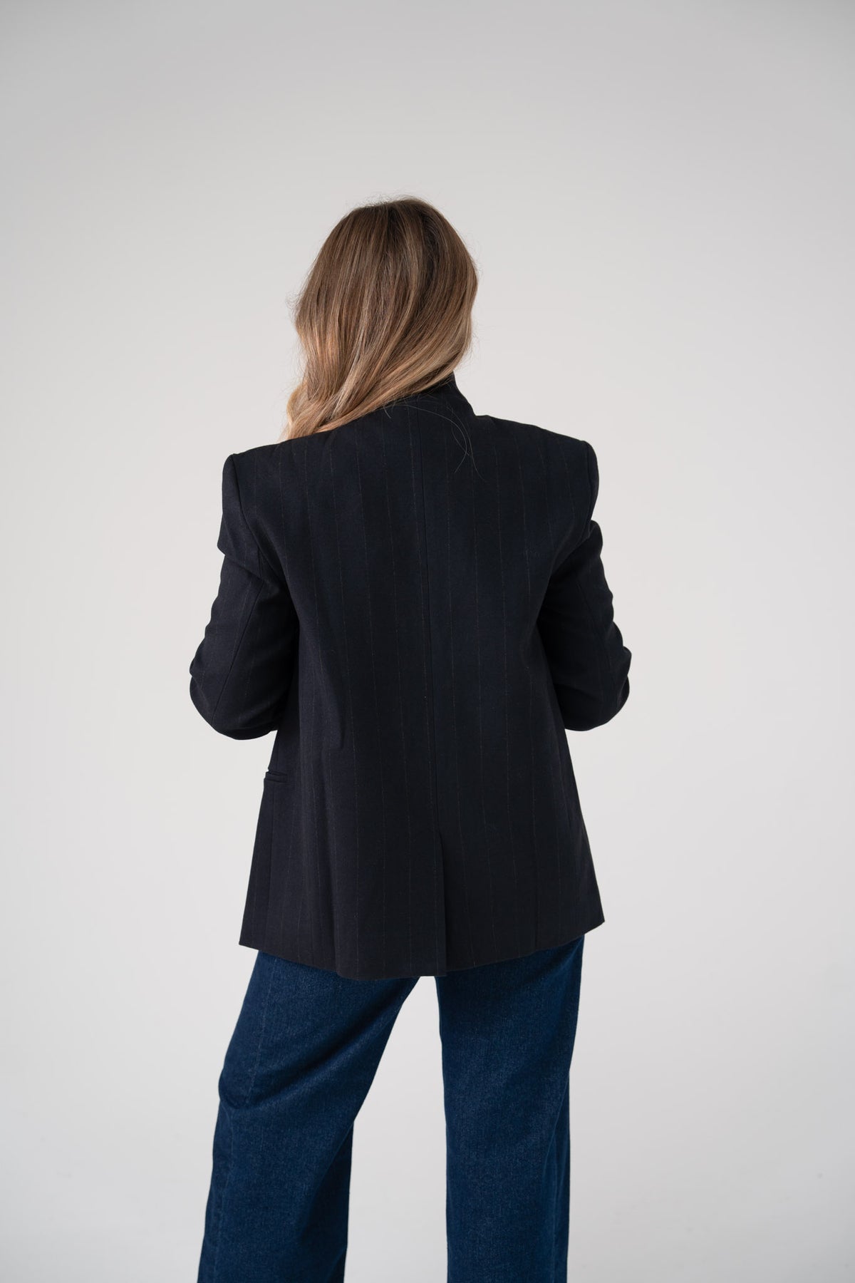 Love Laura Pinstripe Mandarin Collar Blazer In Navy
