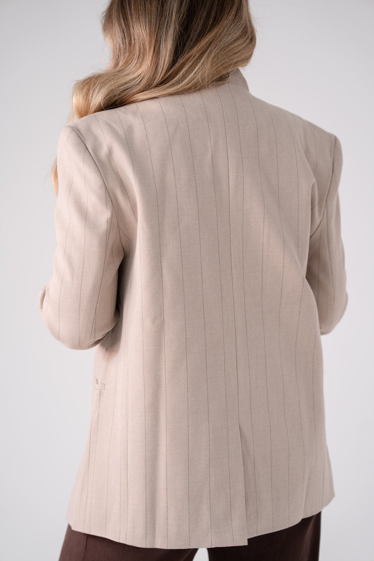 Love Laura Pinstripe Mandarin Collar Blazer In Sand