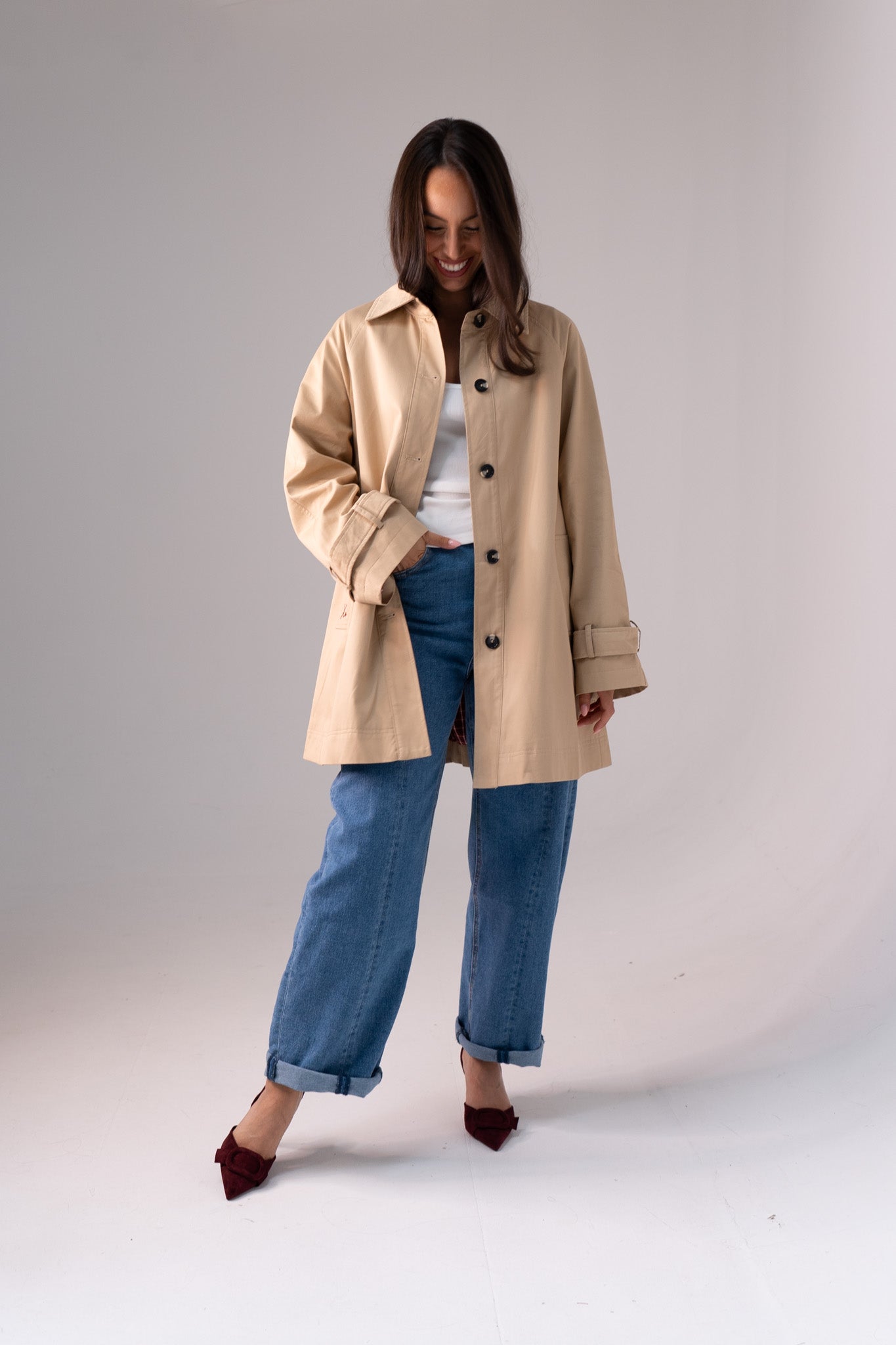 Love Laura Hooded Trench Coat In Neutral