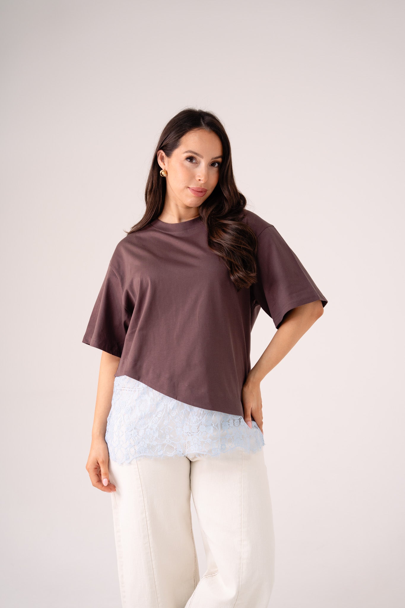 Love Laura Lace Trim T-Shirt In Chocolate
