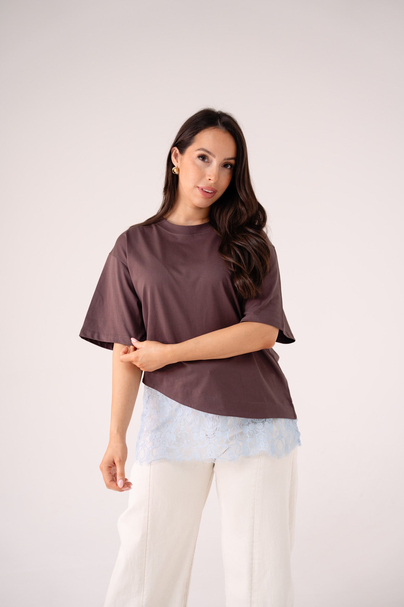 Love Laura Lace Trim T-Shirt In Chocolate