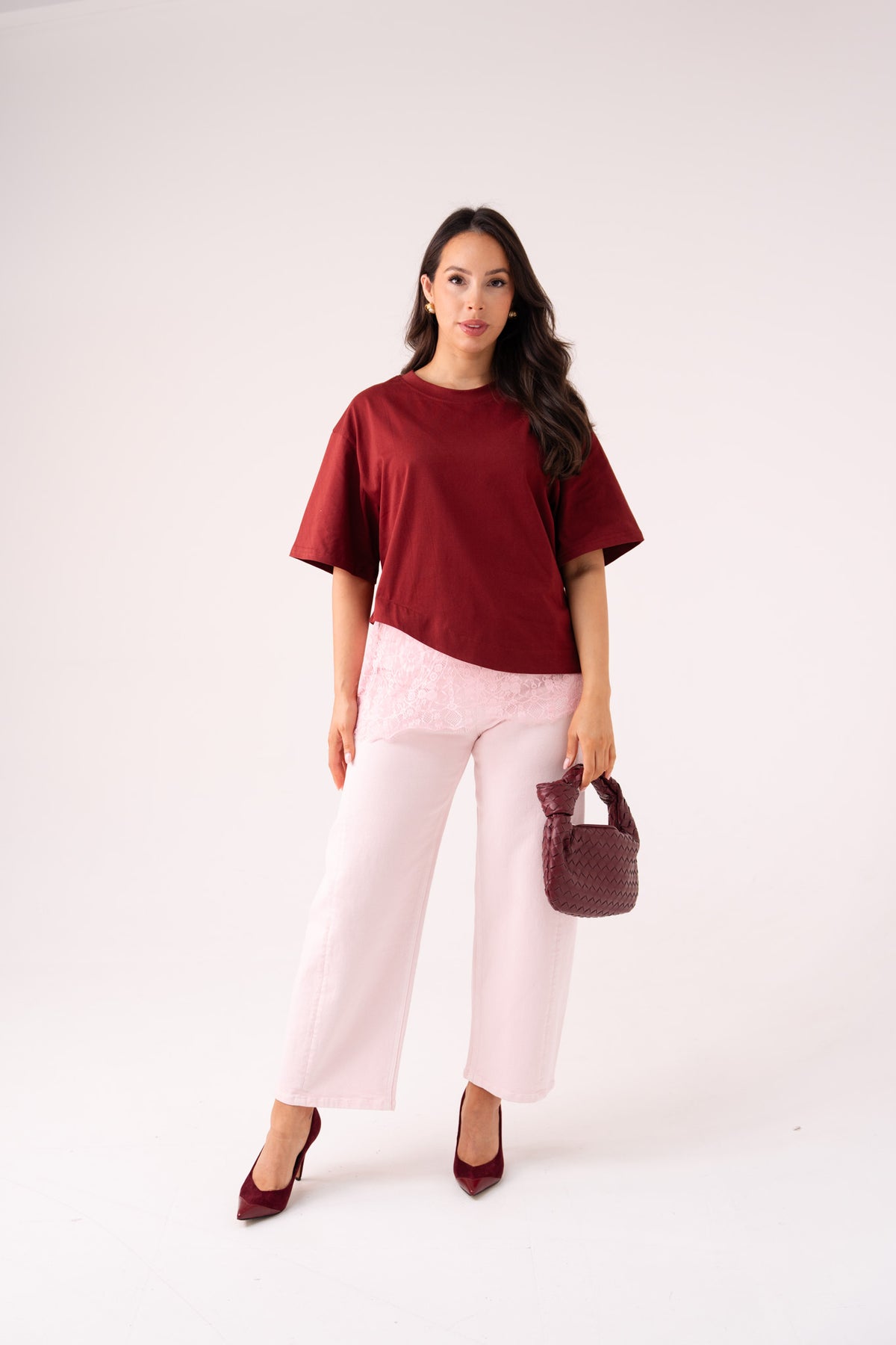 Love Laura Lace Trim T-Shirt In Burgundy