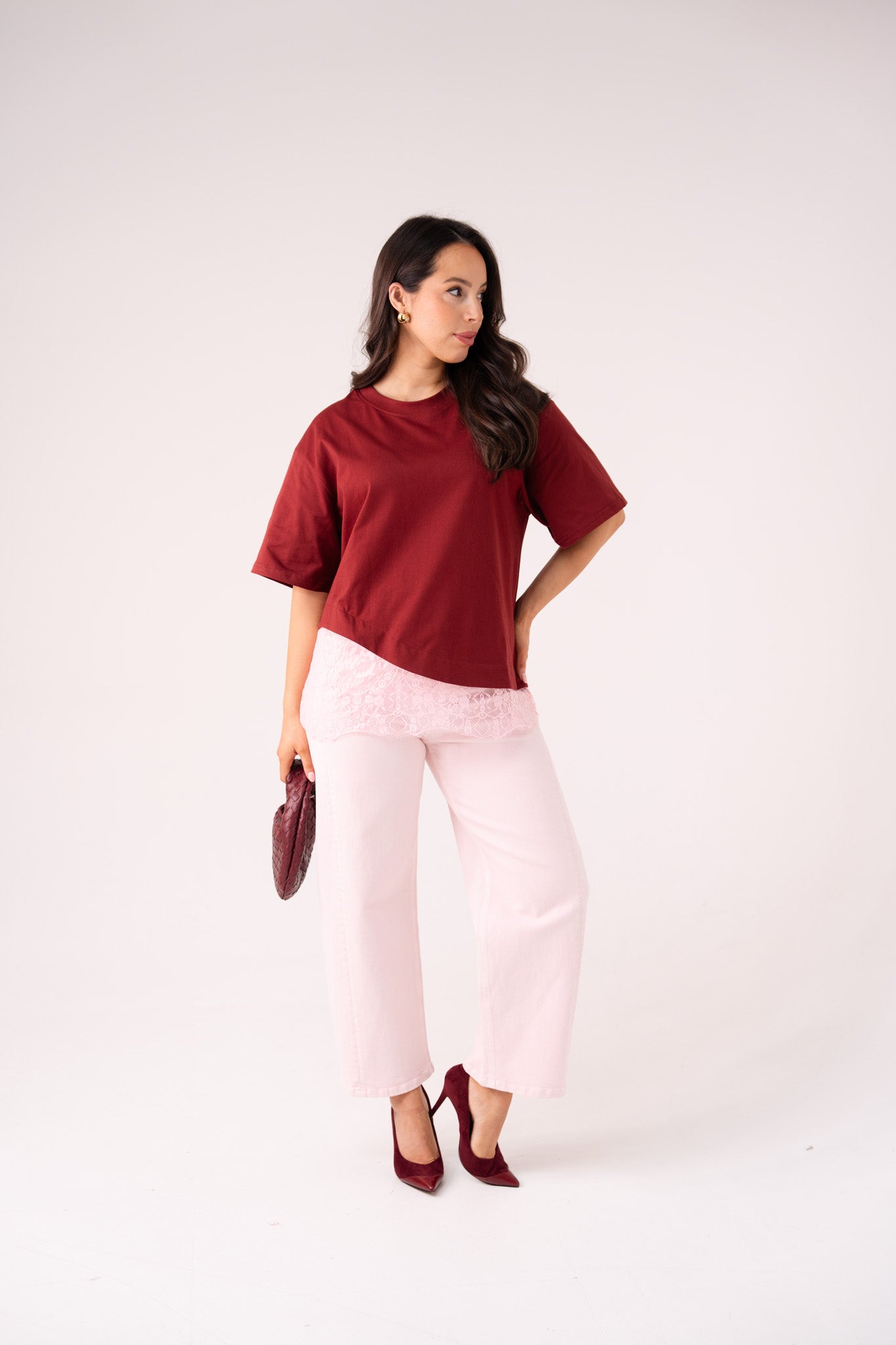 Love Laura Lace Trim T-Shirt In Burgundy