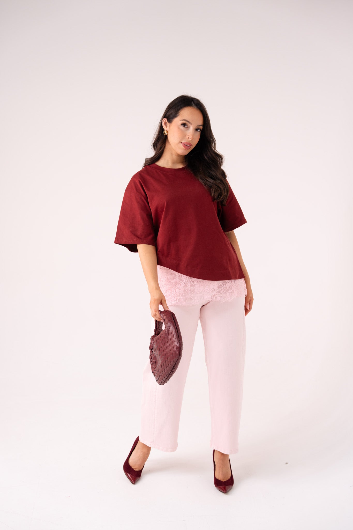 Love Laura Lace Trim T-Shirt In Burgundy