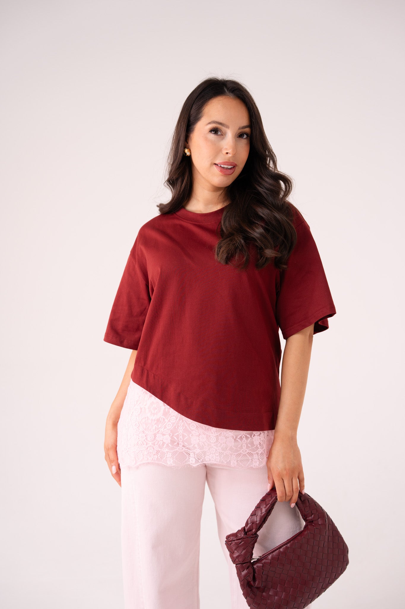 Love Laura Lace Trim T-Shirt In Burgundy