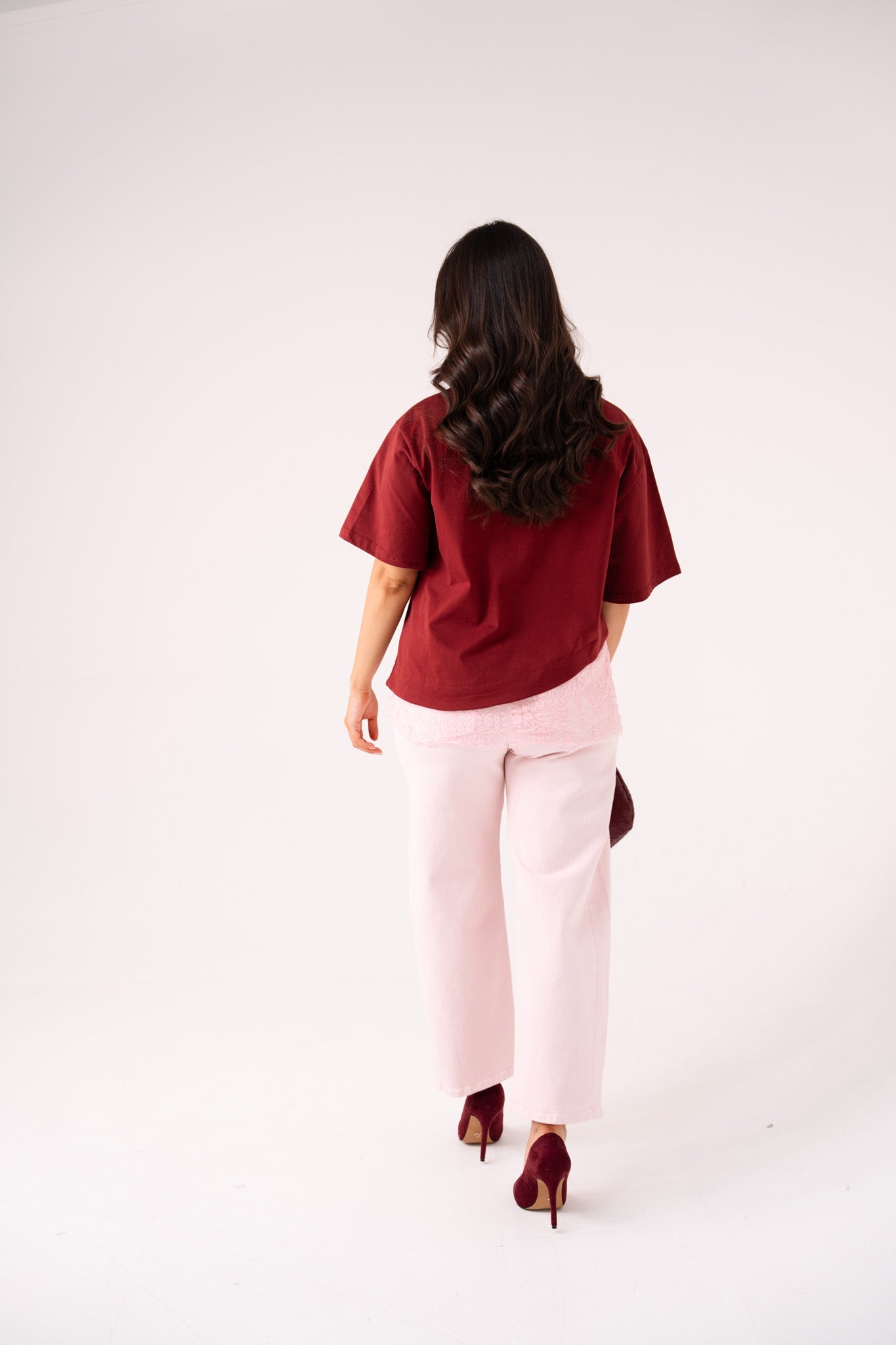 Love Laura Lace Trim T-Shirt In Burgundy