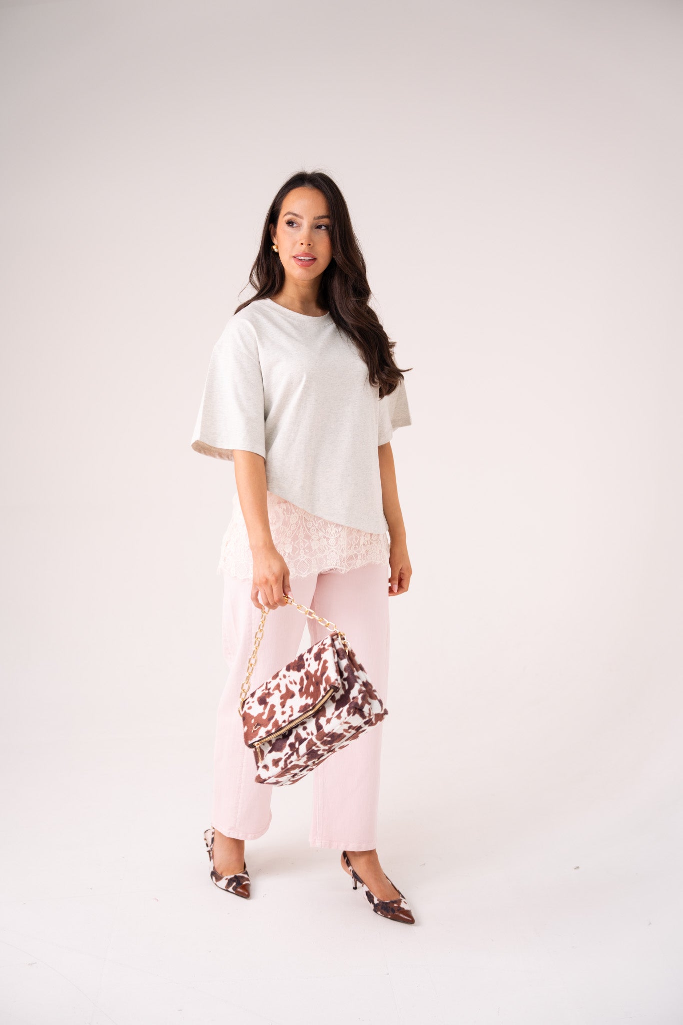 Love Laura Lace Trim T-Shirt In Grey Marl