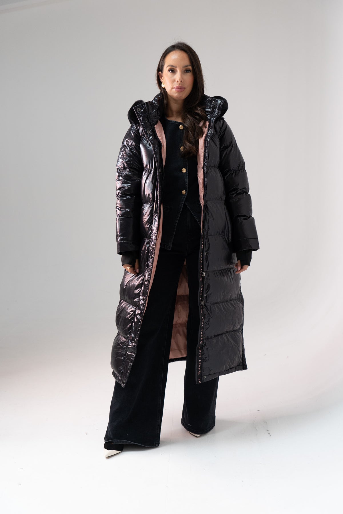 Love Laura Pink Lined Puffa Coat In Black