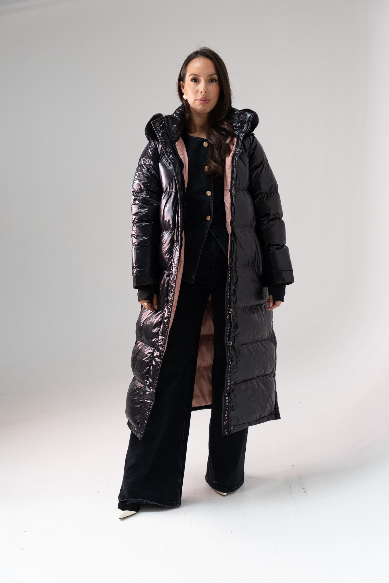 Love Laura Pink Lined Puffa Coat In Black