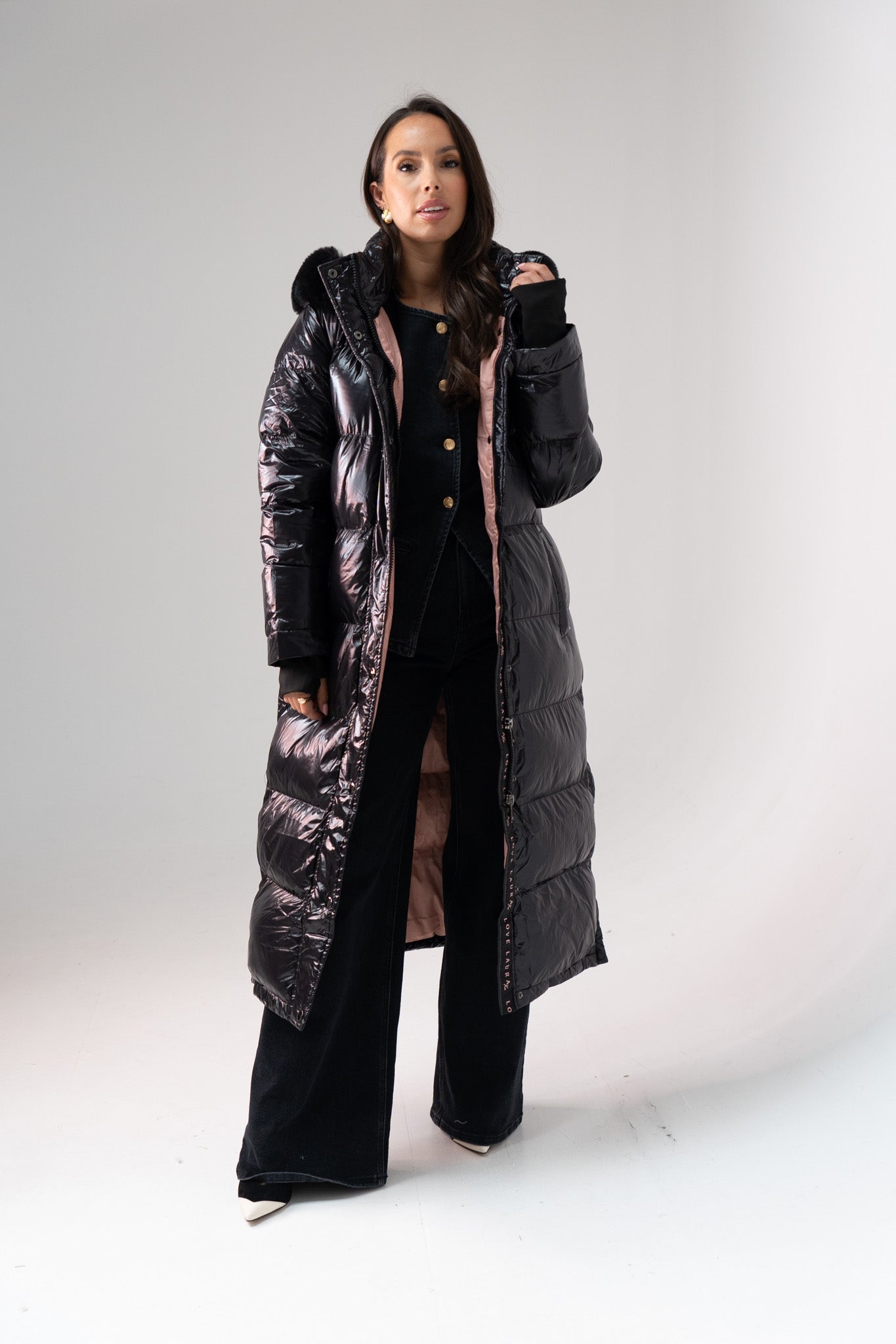 Love Laura Pink Lined Puffa Coat In Black