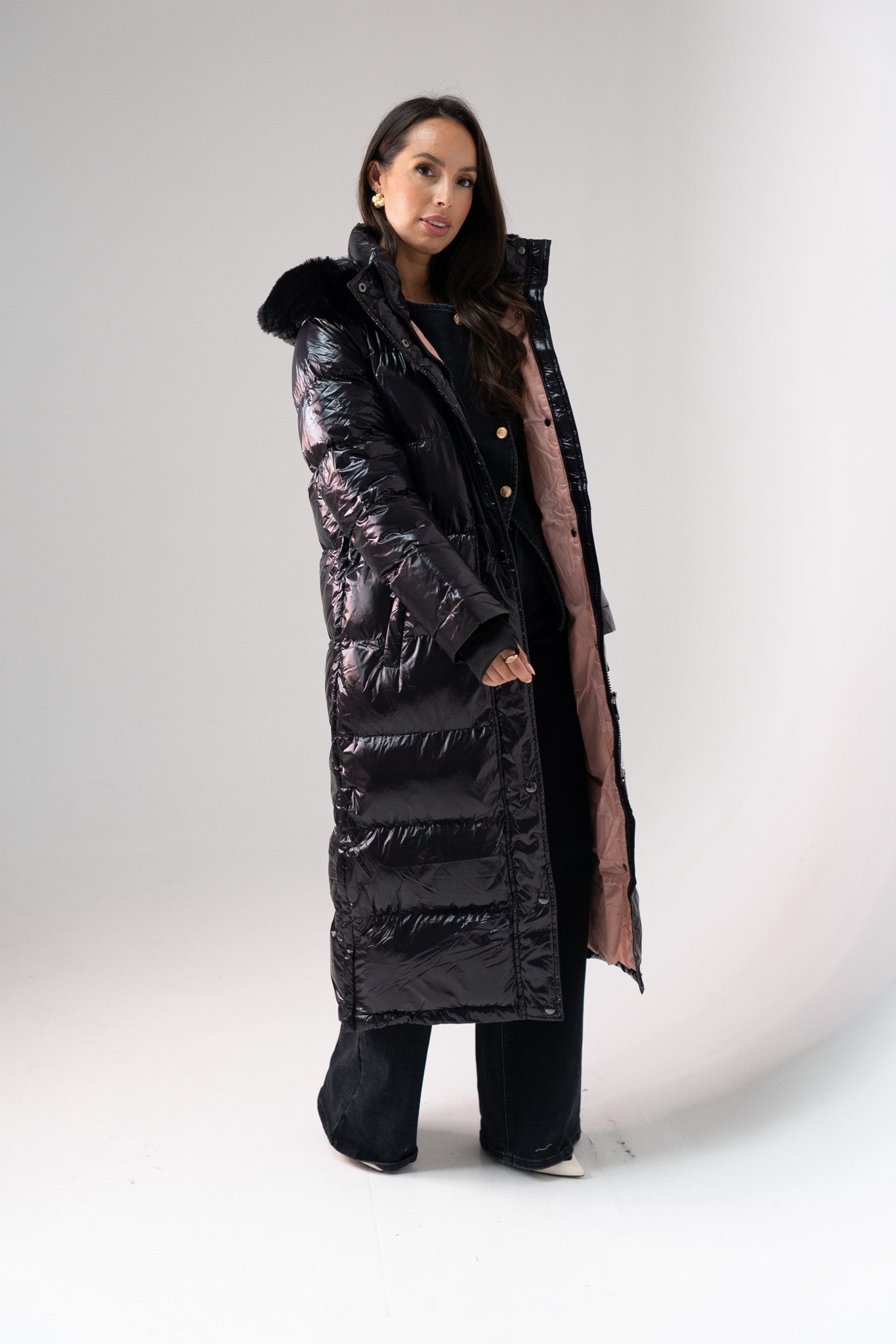 Love Laura Pink Lined Puffa Coat In Black