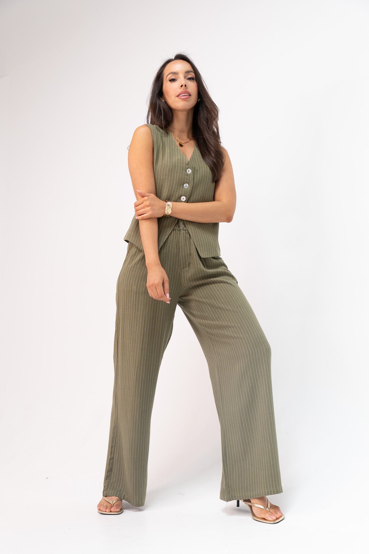 Love Laura Pinstripe Trousers In Khaki
