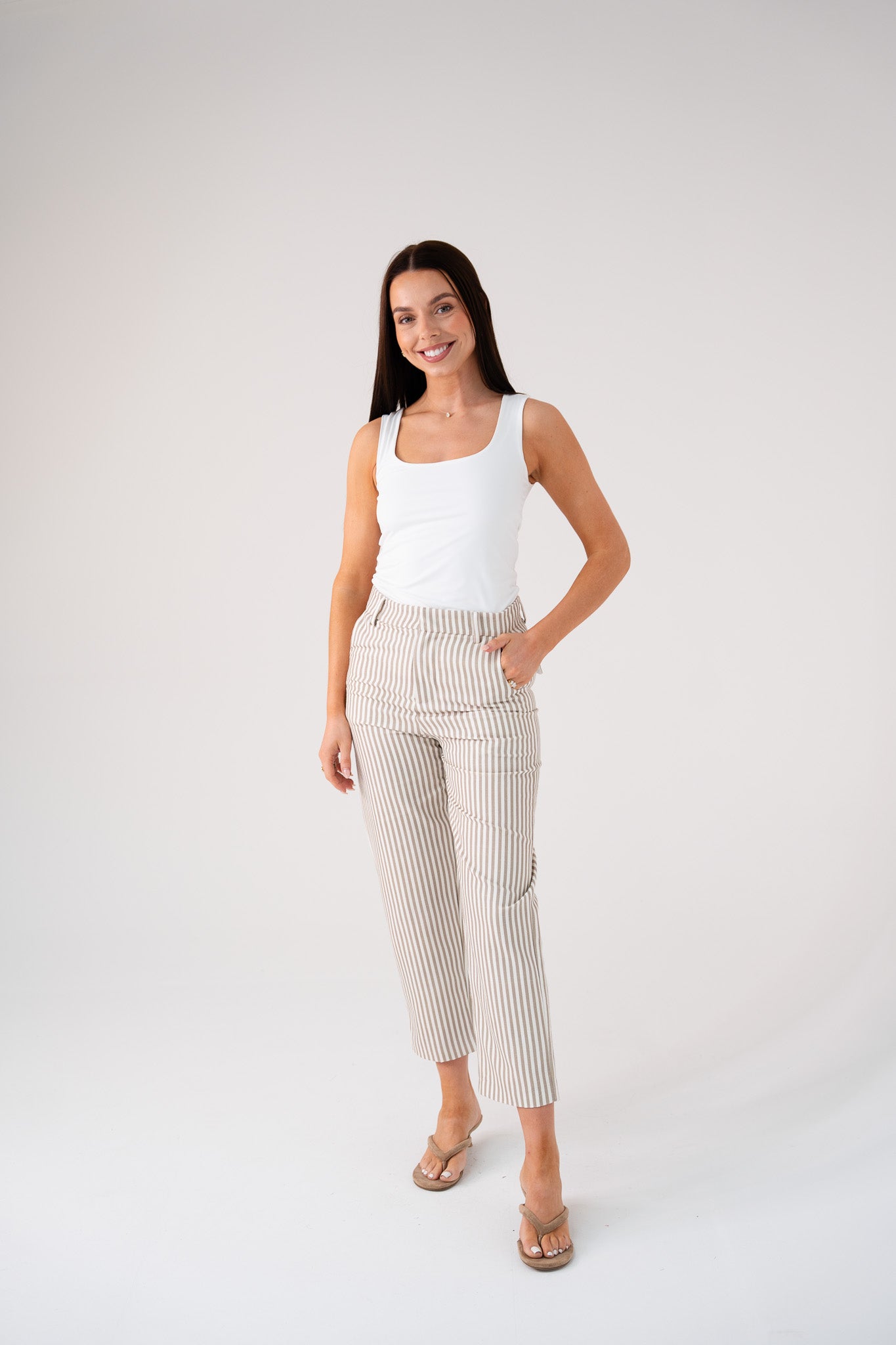 Love Laura Pinstripe Trousers In Olive