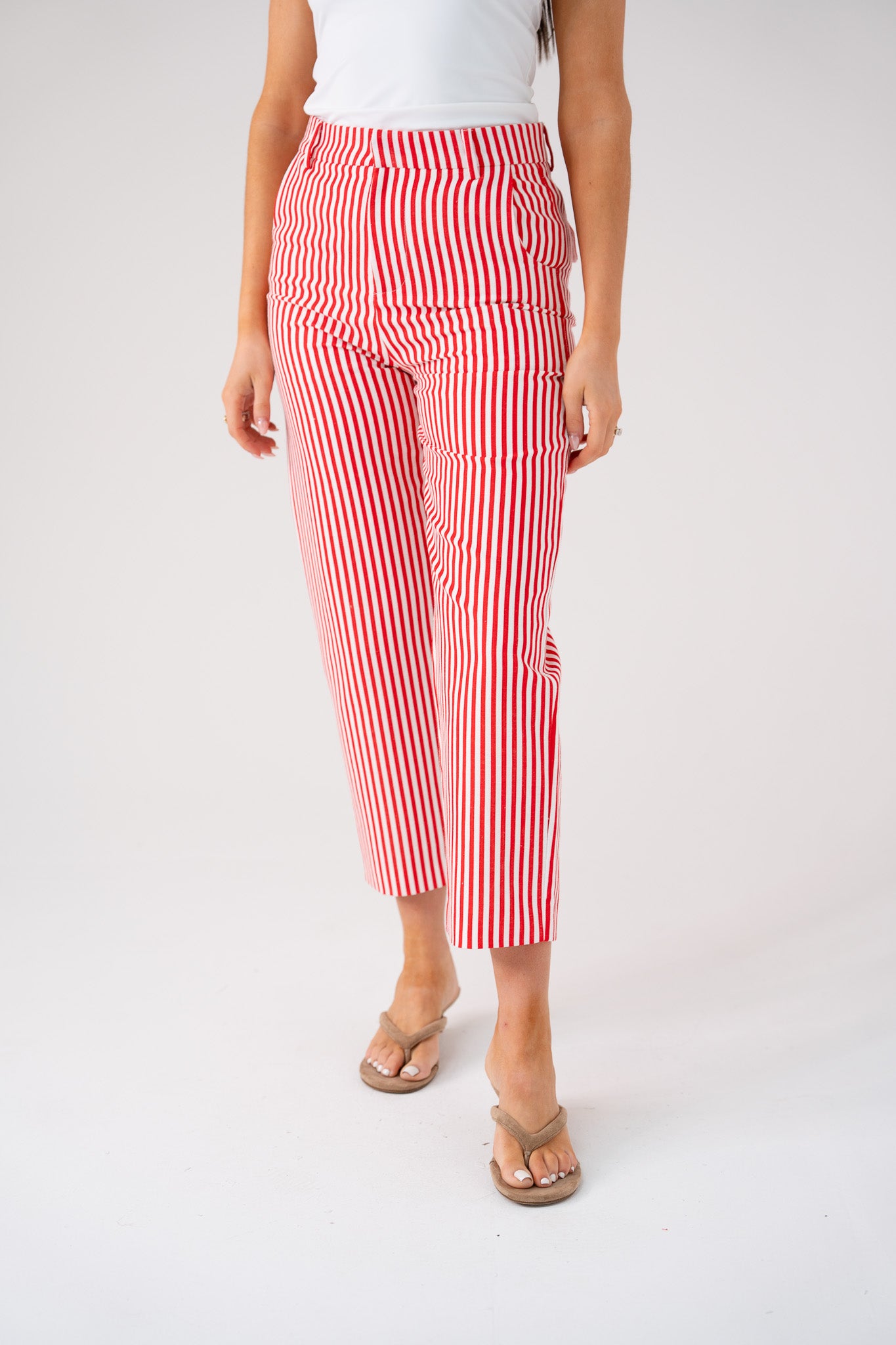 Love Laura Pinstripe Trousers In Red