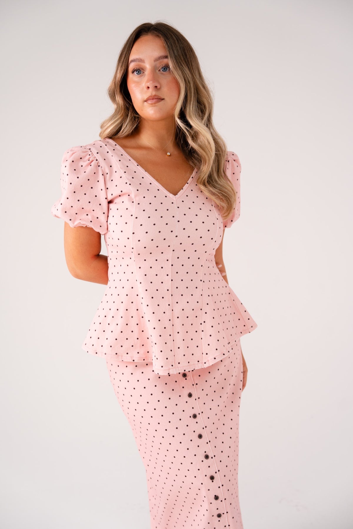 Love Laura Puff Sleeve Polka Dot Top In Pink