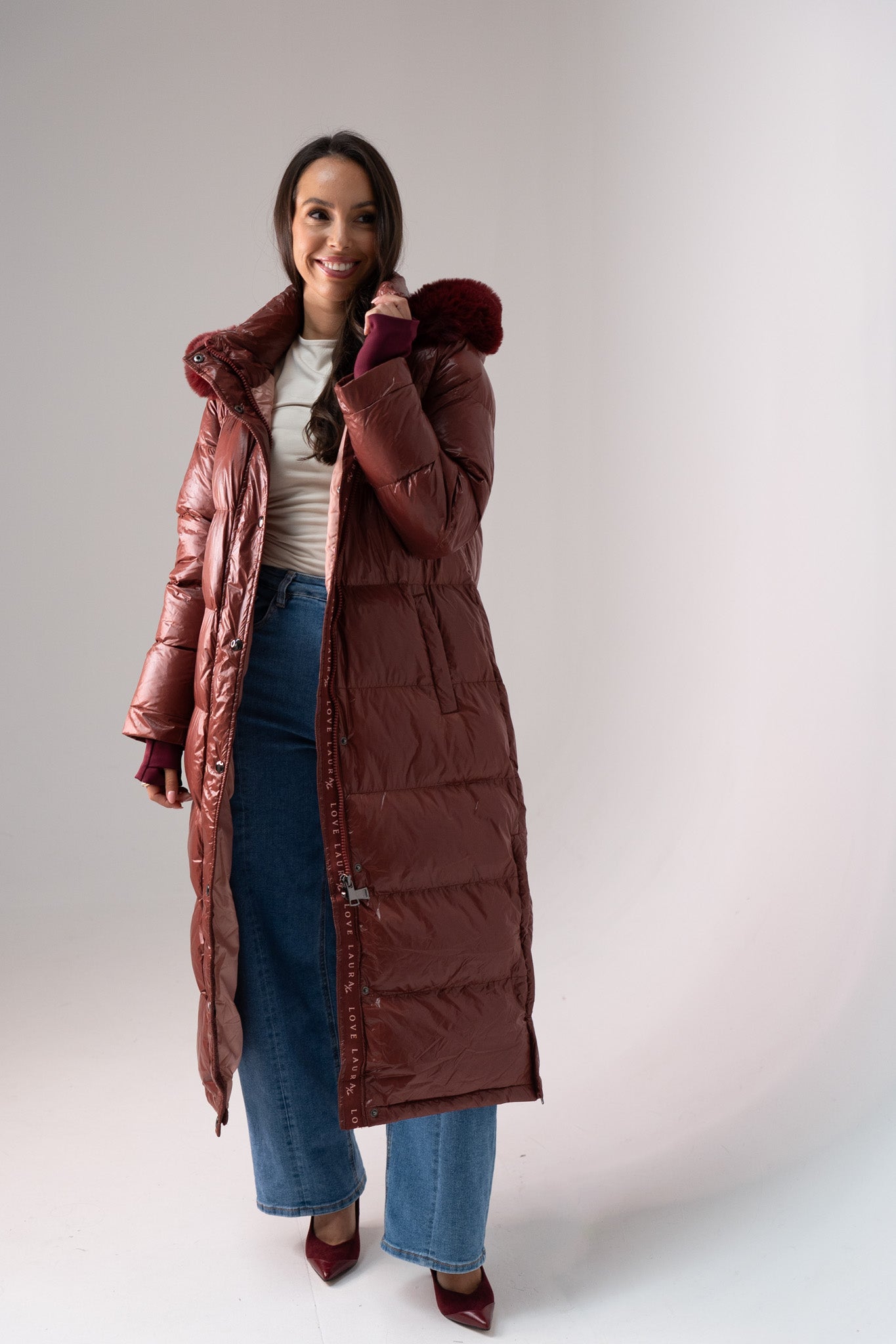 Love Laura Puffa Coat In Burgundy Rose