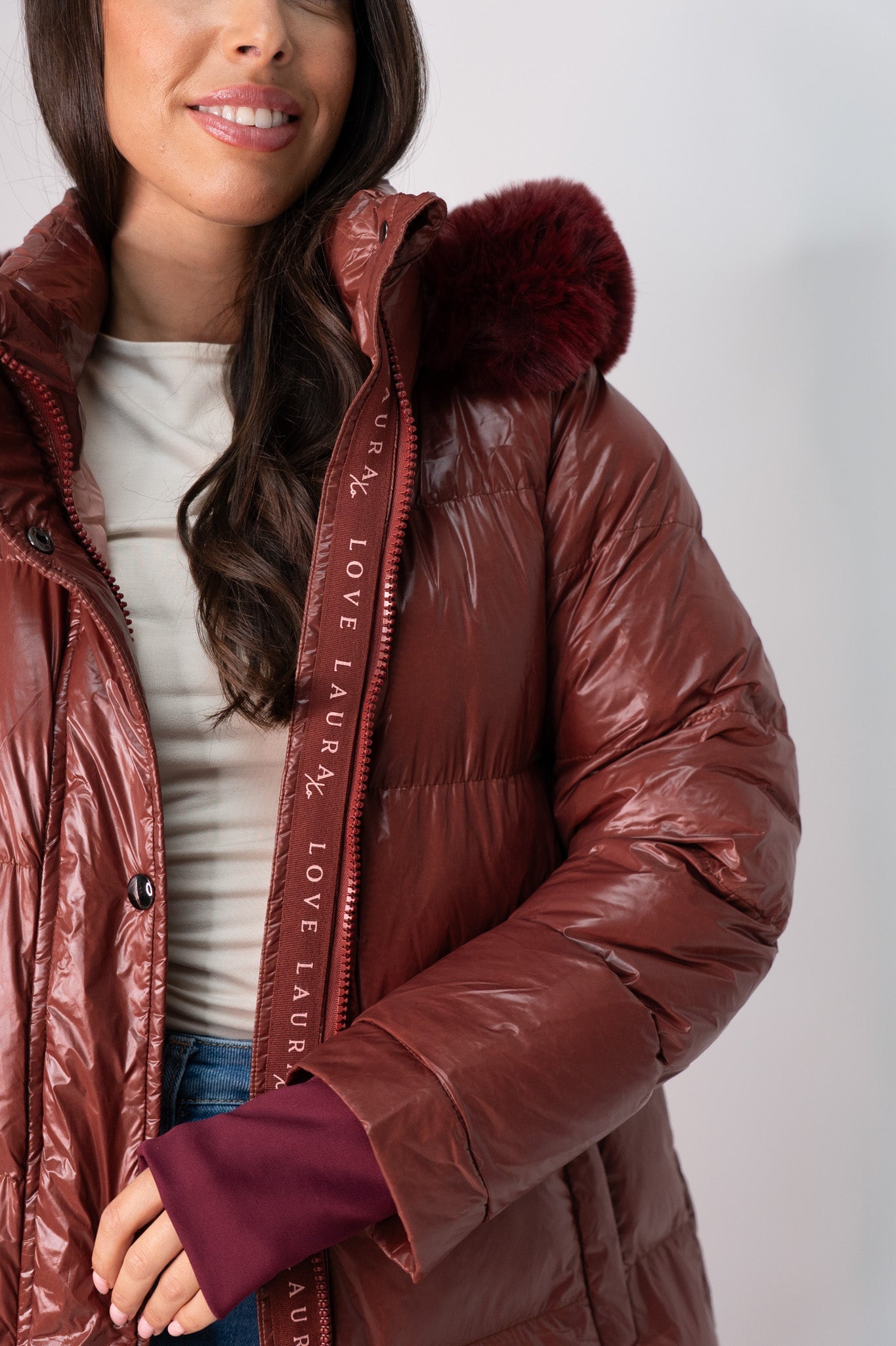 Love Laura Puffa Coat In Burgundy Rose