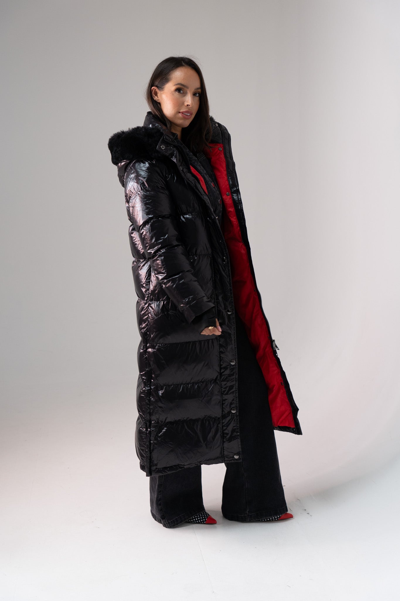 Love Laura Red Lined Puffa Coat In Black