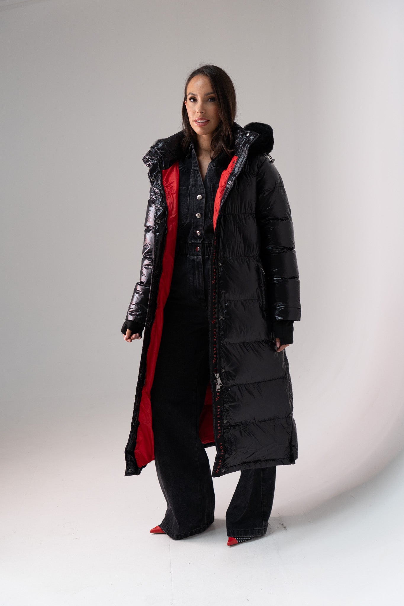Love Laura Red Lined Puffa Coat In Black