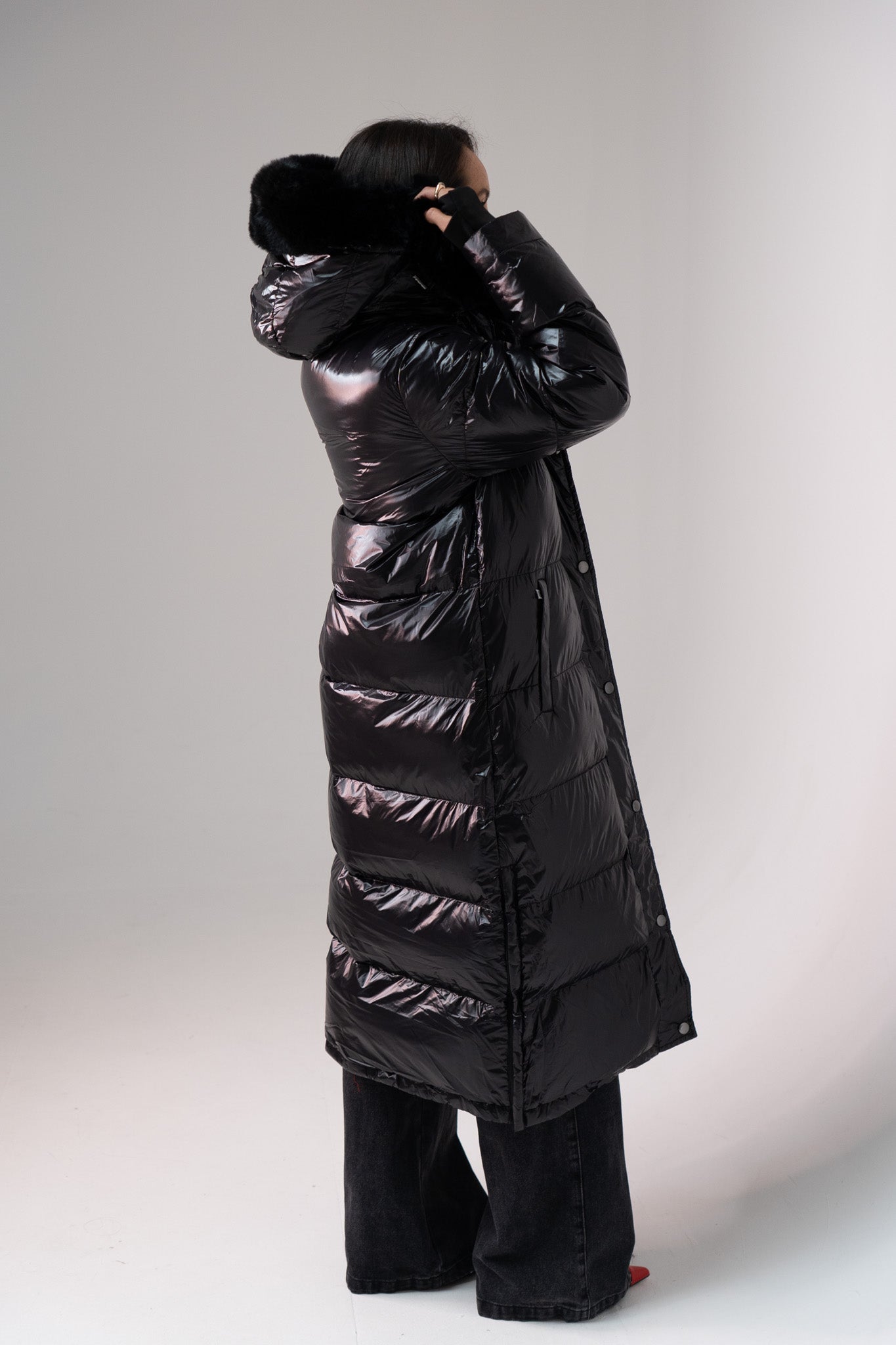 Love Laura Red Lined Puffa Coat In Black