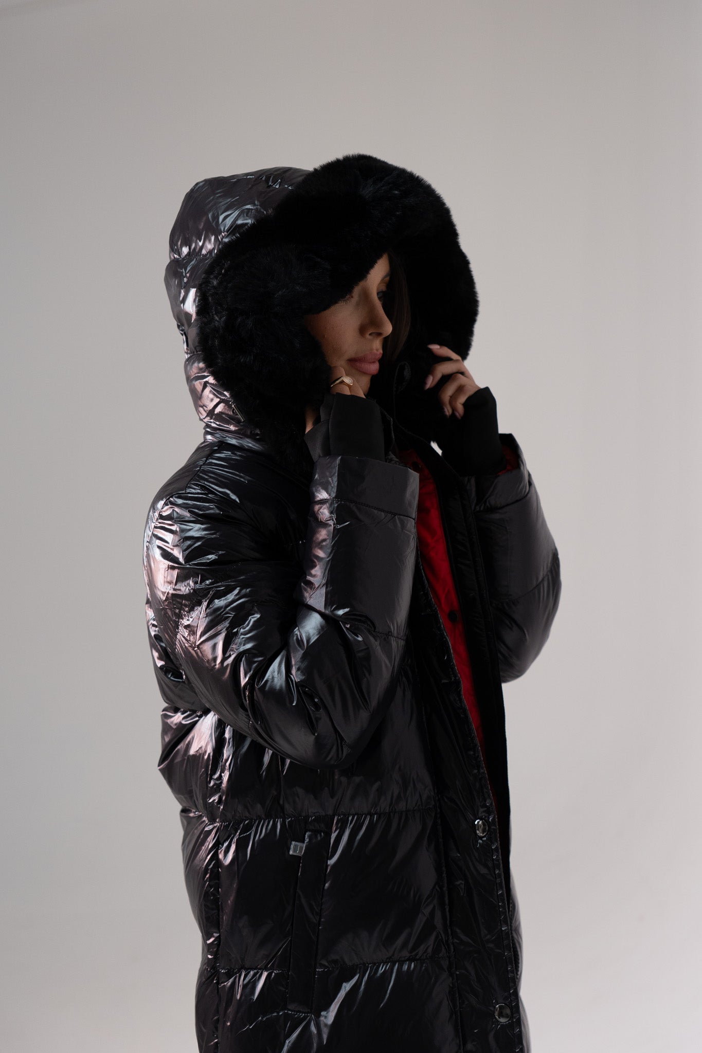 Love Laura Red Lined Puffa Coat In Black