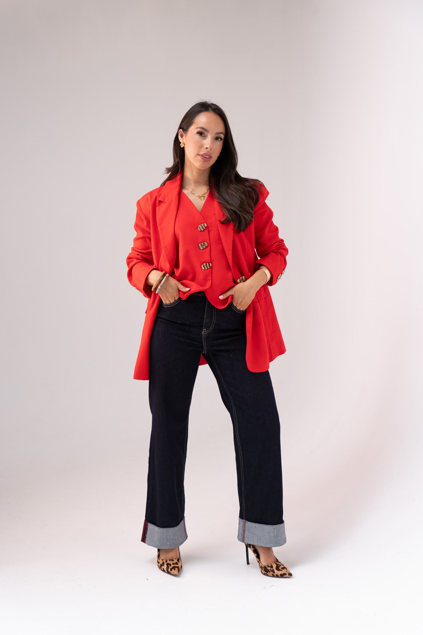 Love Laura Red Trim Turn Up Jeans In Dark Wash