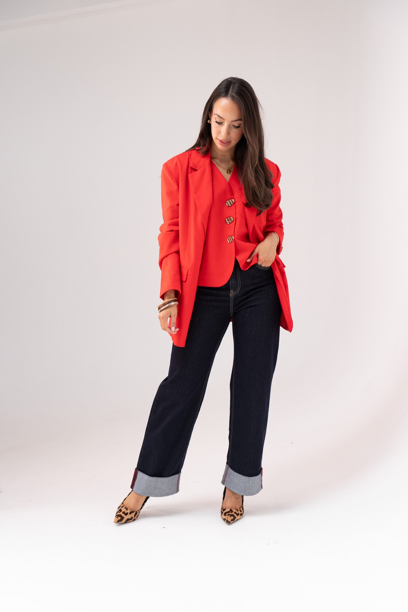 Love Laura Red Trim Turn Up Jeans In Dark Wash