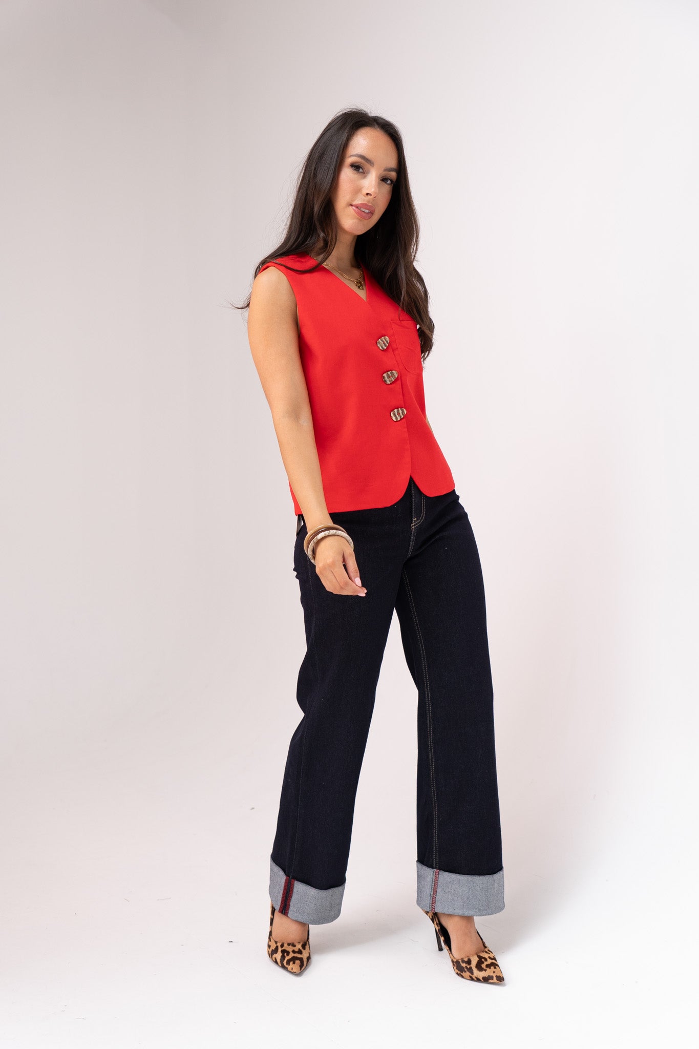Love Laura Red Trim Turn Up Jeans In Dark Wash
