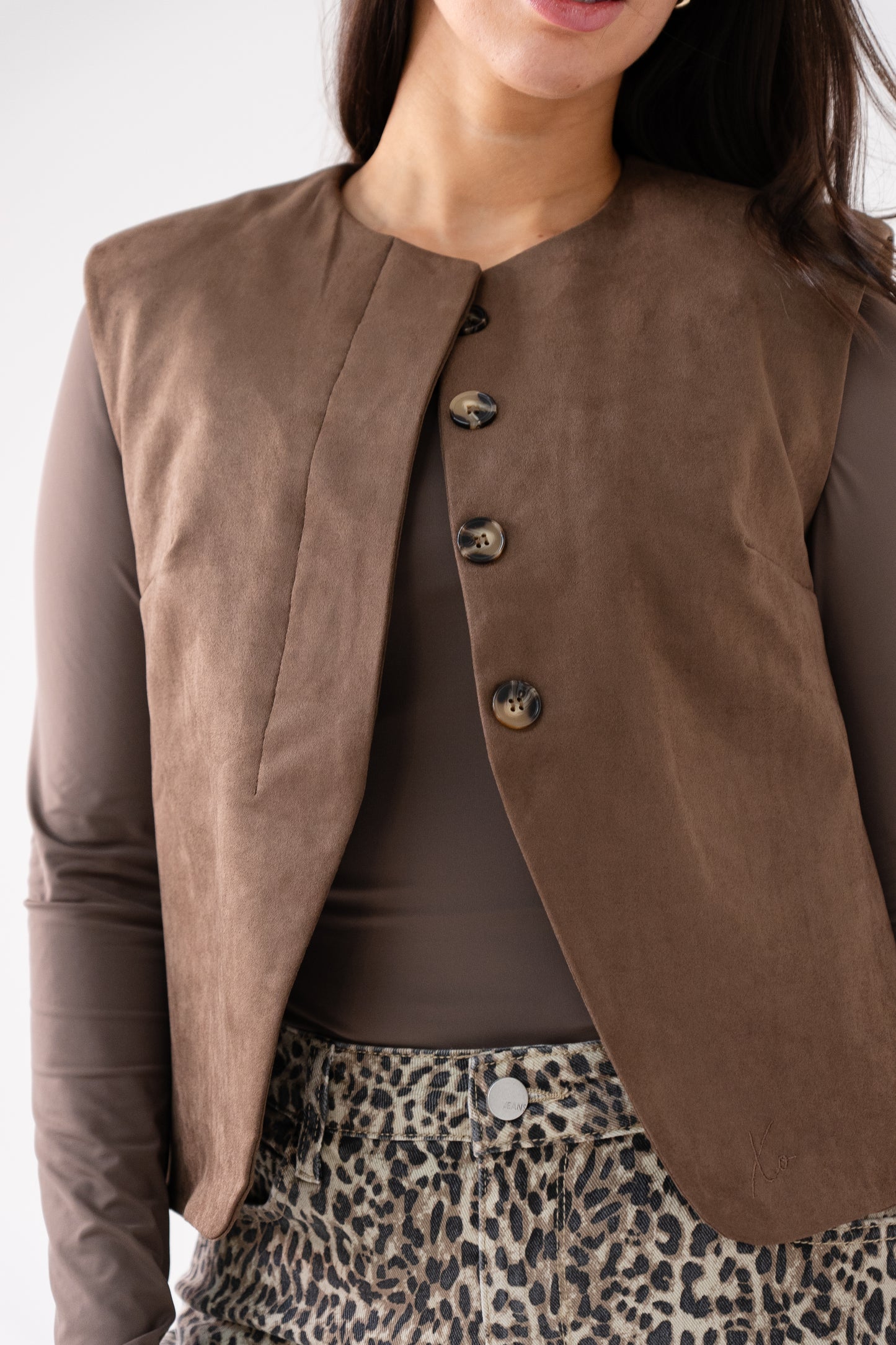 Love Laura Faux Suede Waistcoat In Chocolate