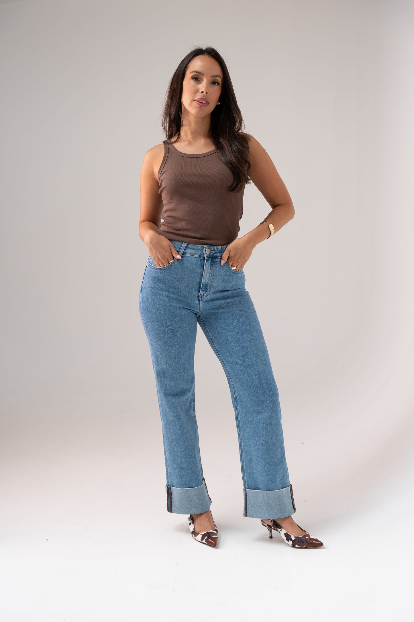 Love Laura Chocolate Trim Turn Up Jeans In Denim