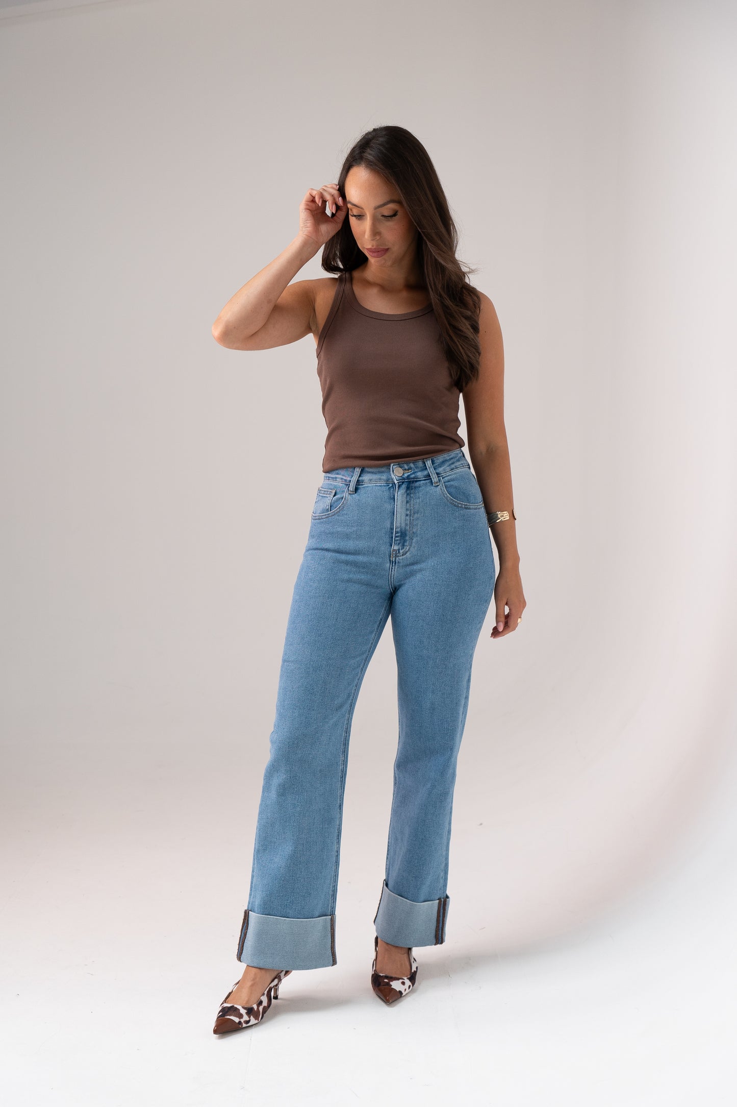 Love Laura Chocolate Trim Turn Up Jeans In Denim