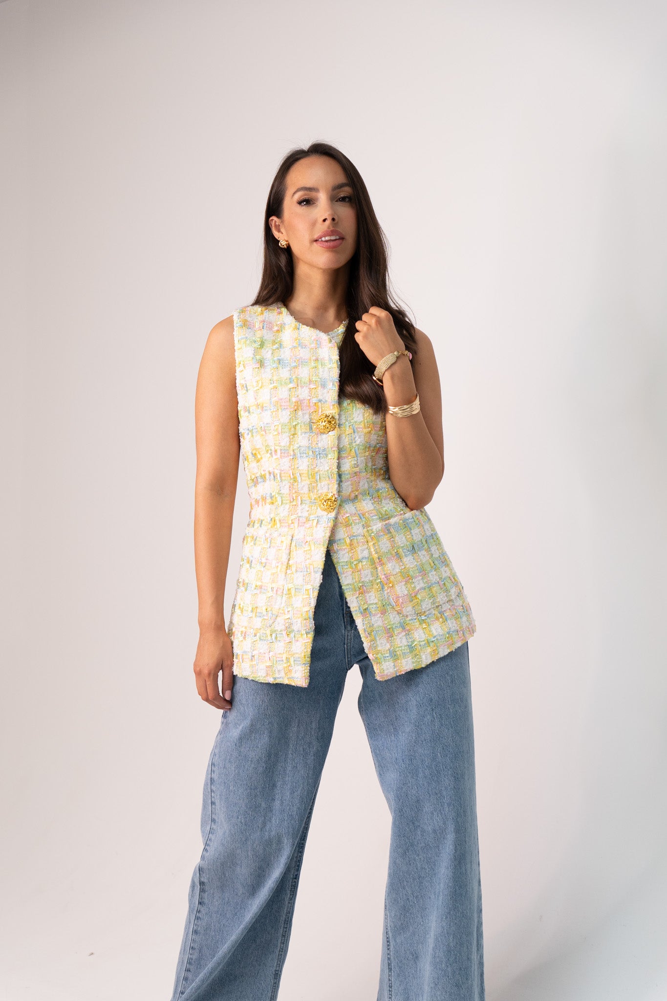 Love Laura Tweed Waistcoat In Multi