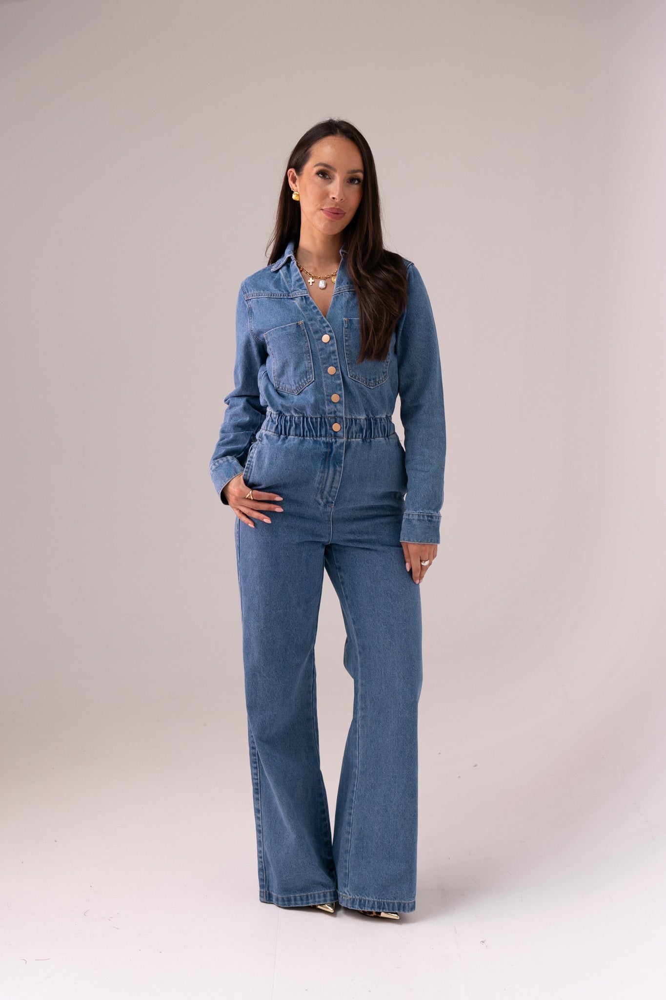 Love Laura Utility Jumpsuit In Mid Wash