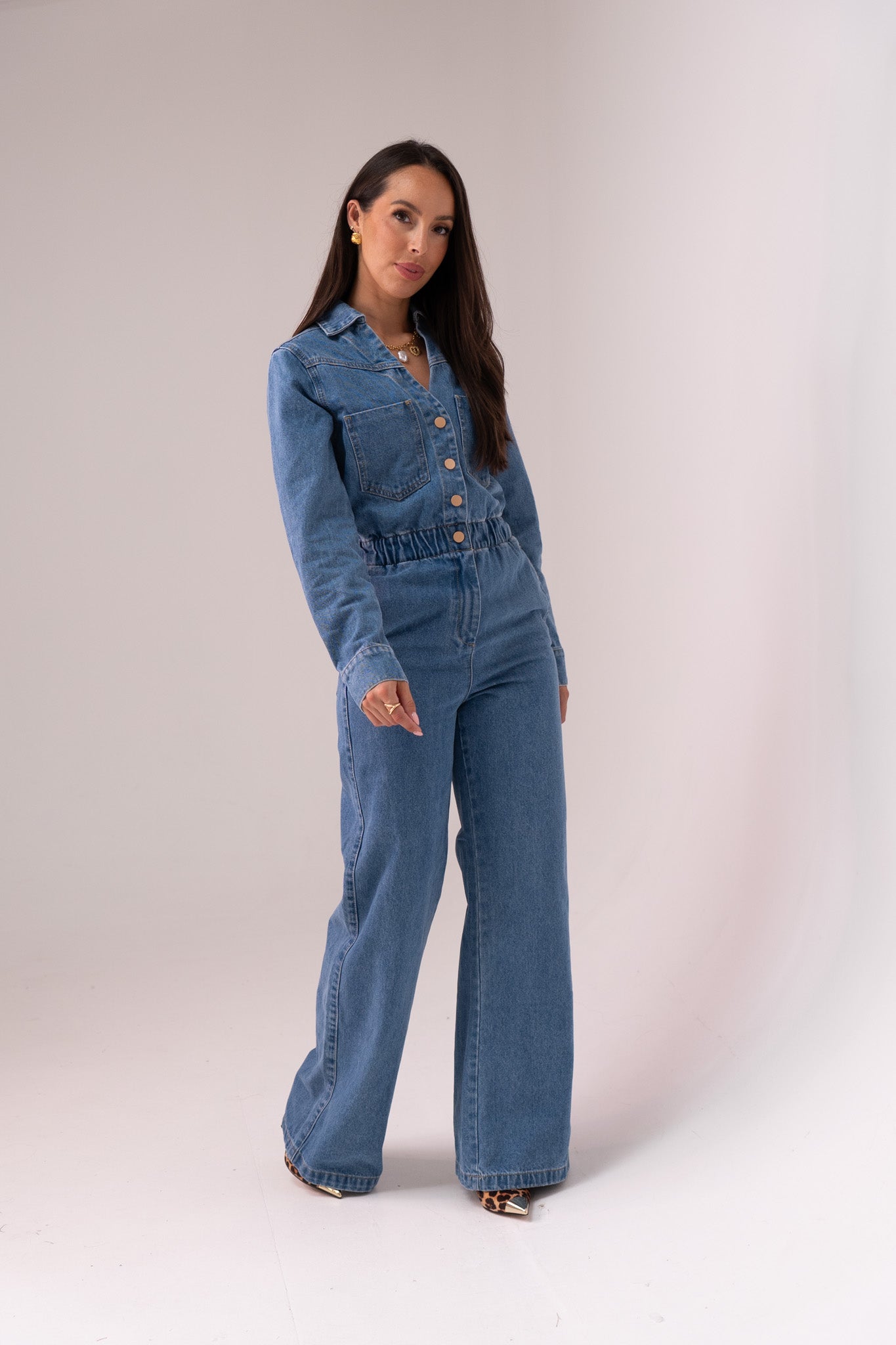 Love Laura Utility Jumpsuit In Mid Wash