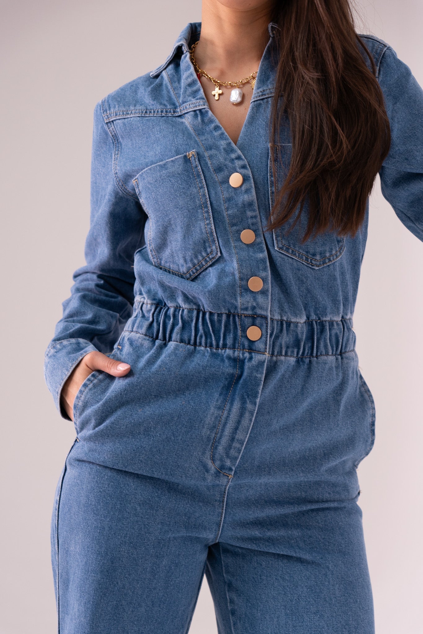 Love Laura Utility Jumpsuit In Mid Wash