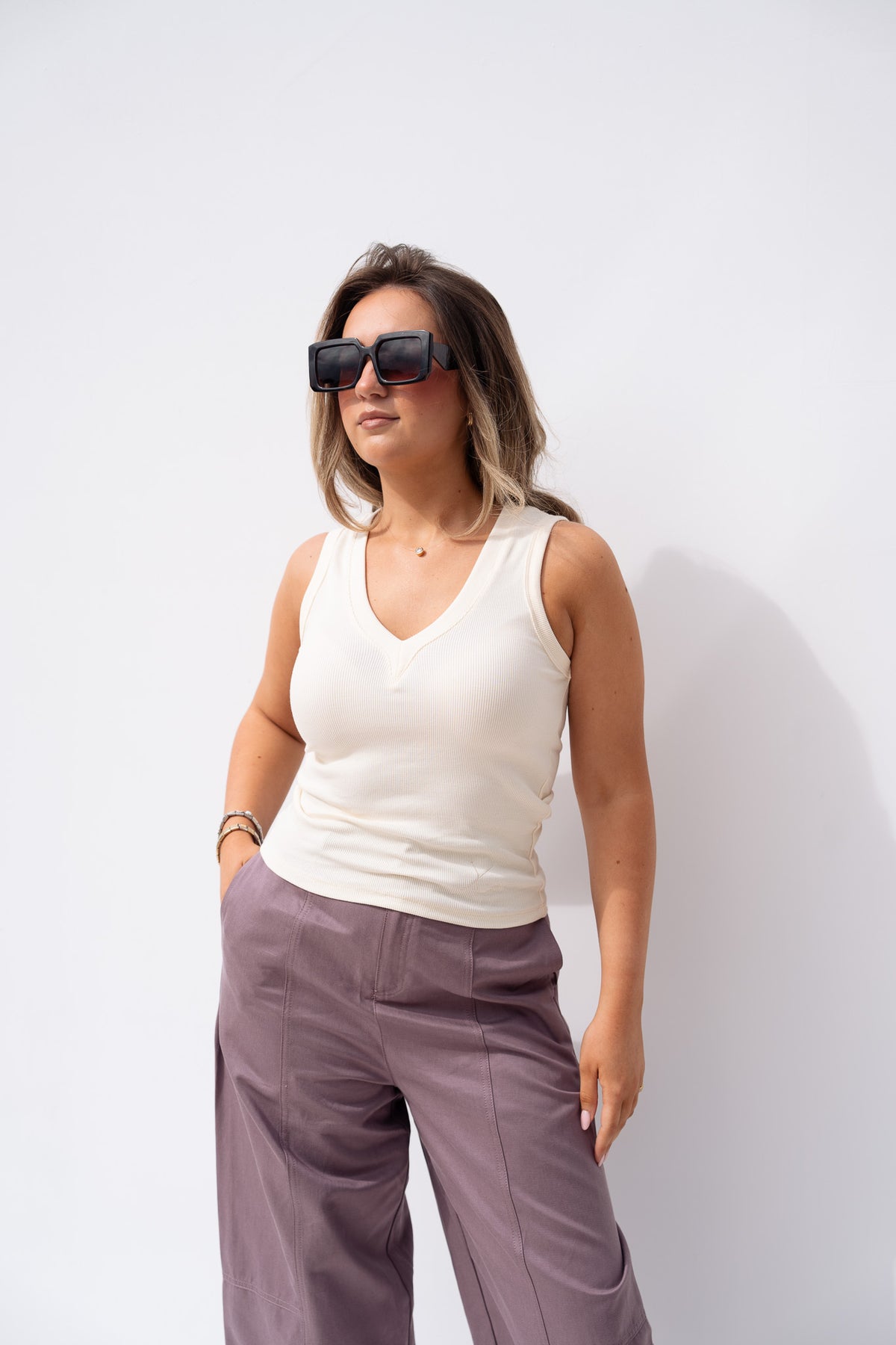 Love Laura V-Neck Vest Top In Cream