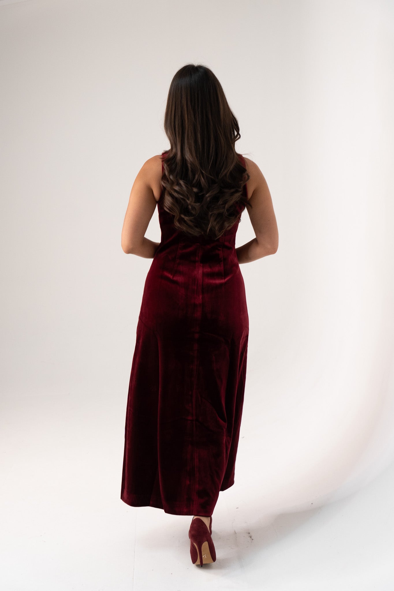Love Laura Pearl Button Velvet Dress In Burgundy
