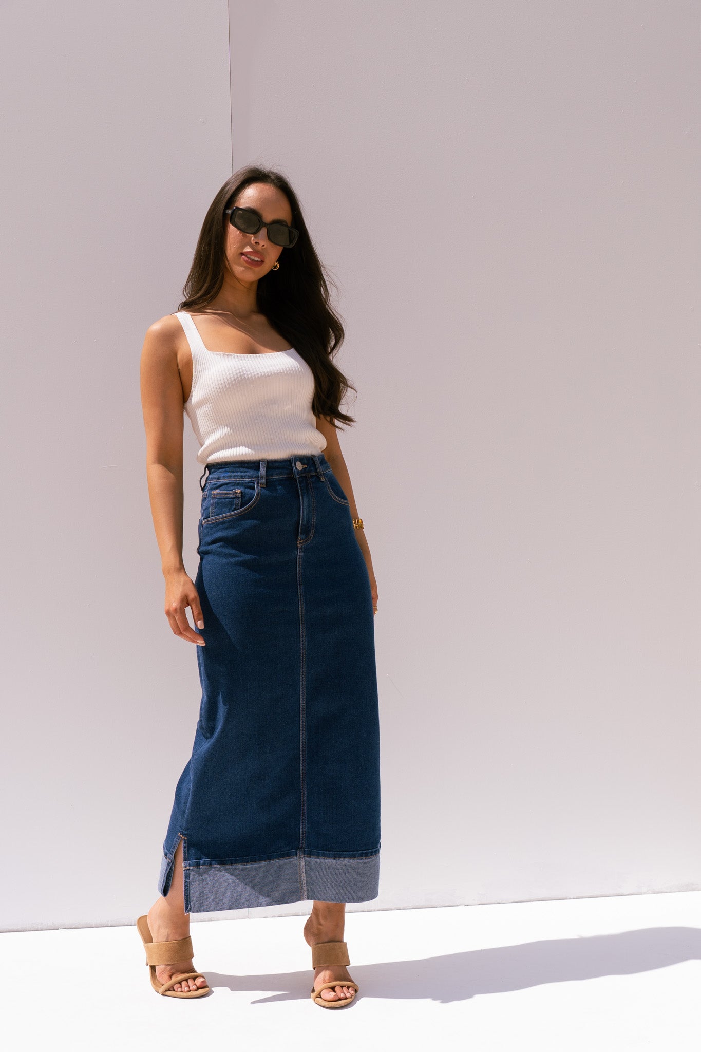 Love Laura Denim Midi Skirt In Dark Wash