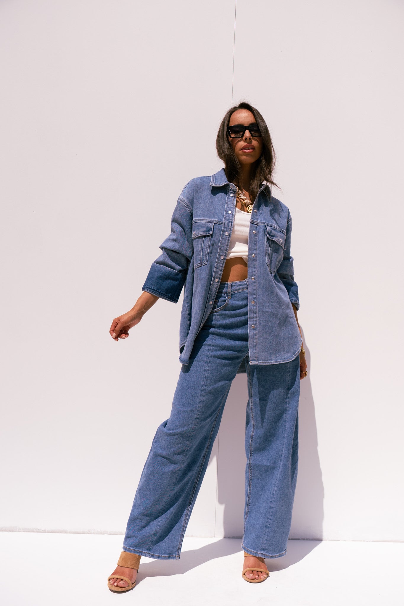 Love Laura Denim Shacket In Mid Wash