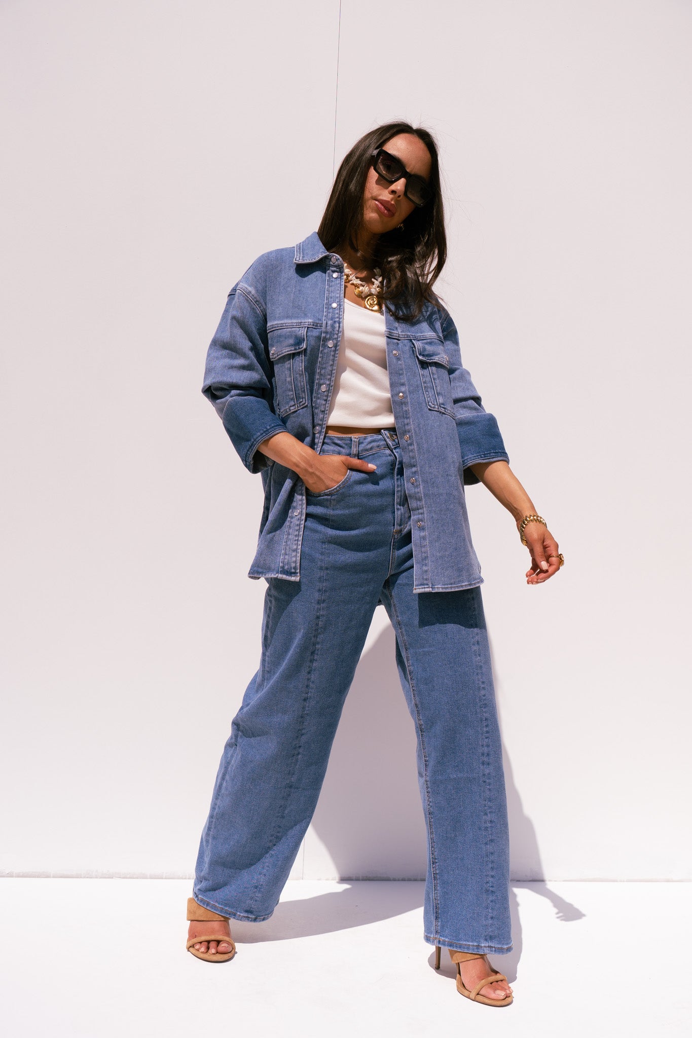 Love Laura Denim Shacket In Mid Wash