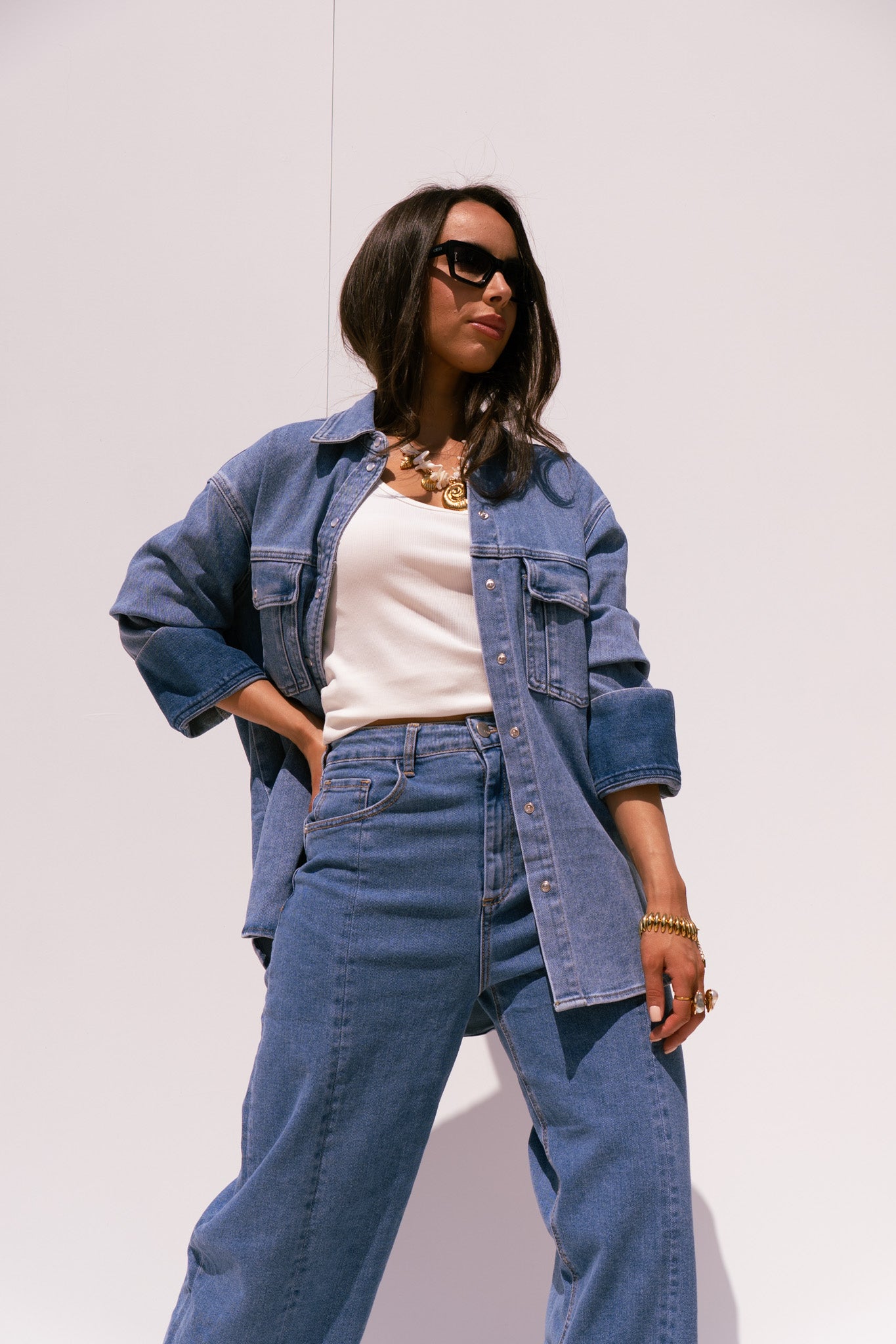 Love Laura Denim Shacket In Mid Wash