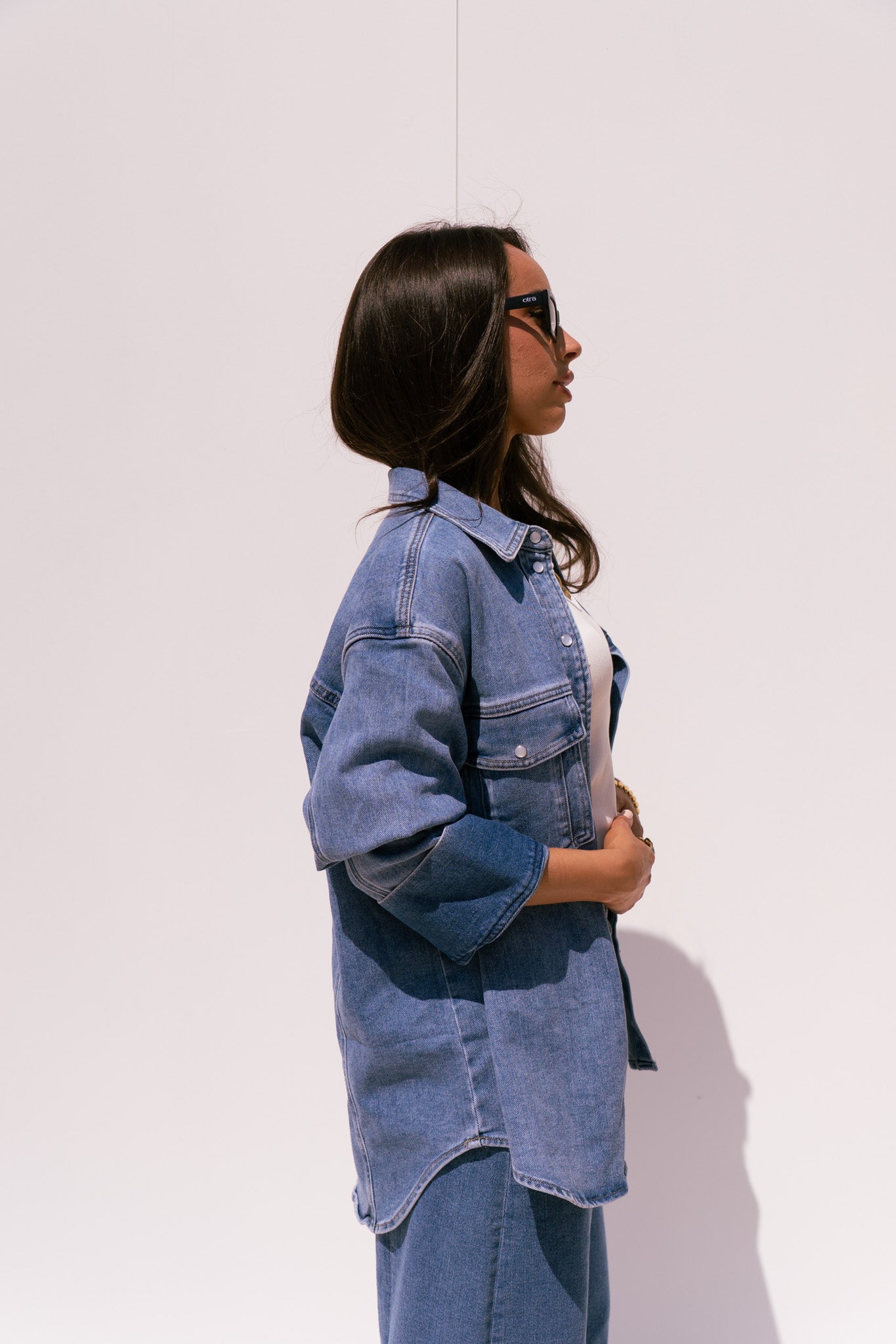 Love Laura Denim Shacket In Mid Wash