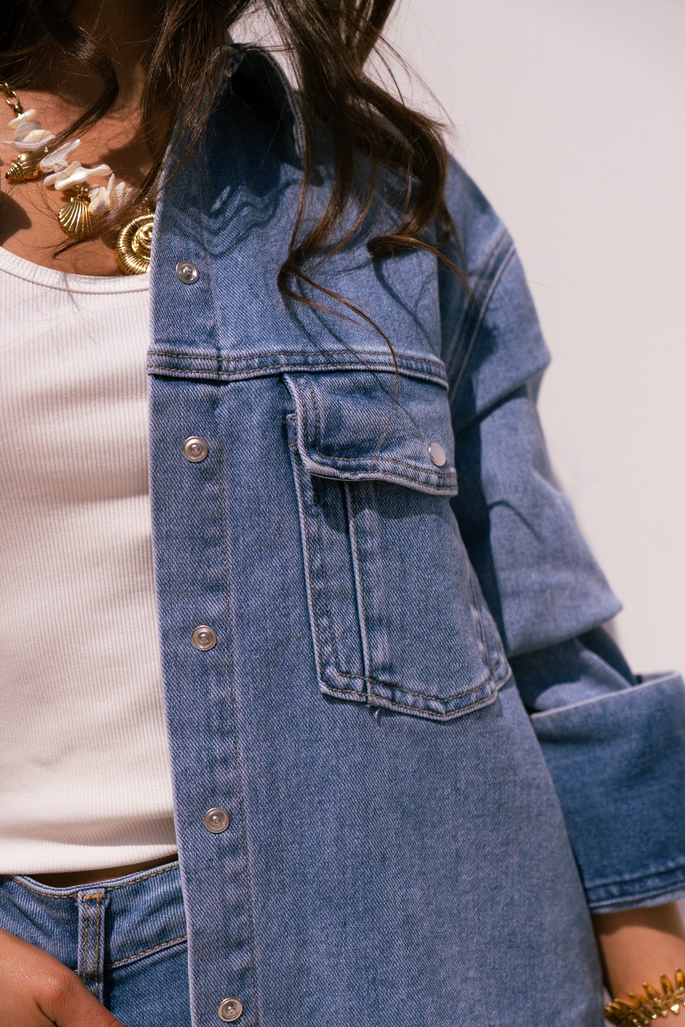 Love Laura Denim Shacket In Mid Wash