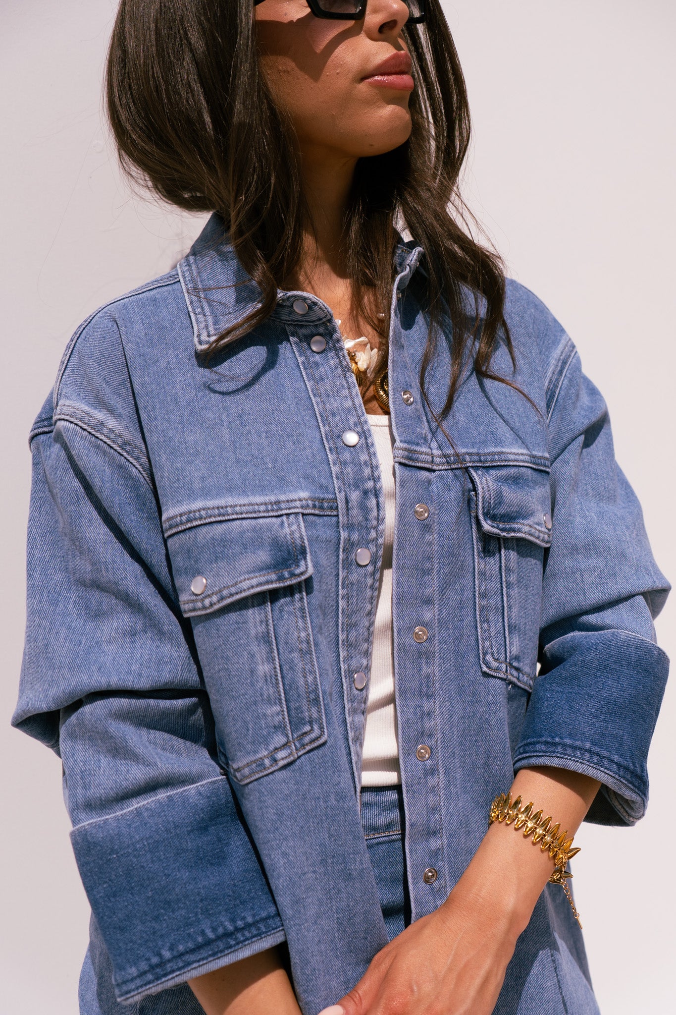 Love Laura Denim Shacket In Mid Wash