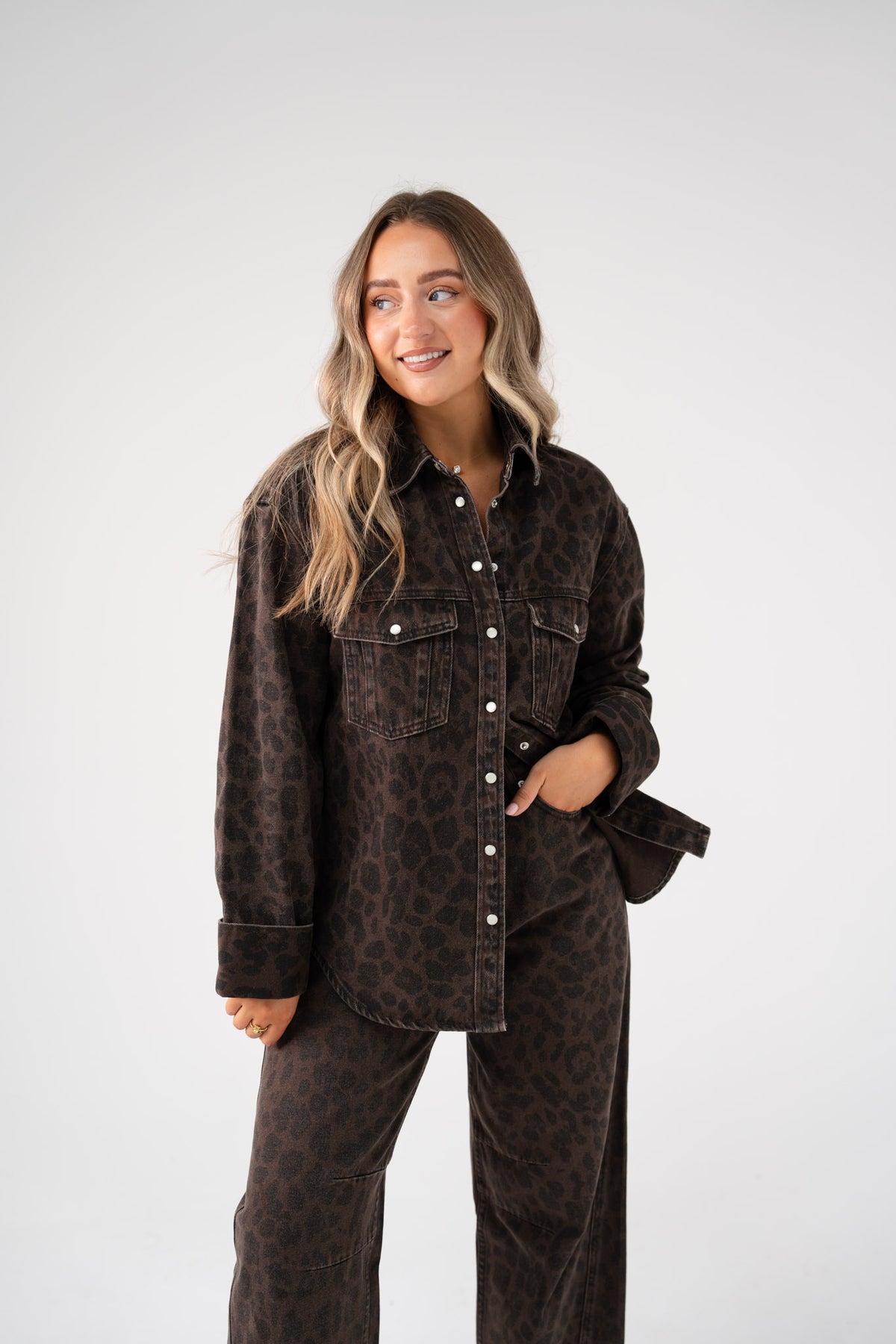 Love Laura Denim Shacket In Dark Leopard Print