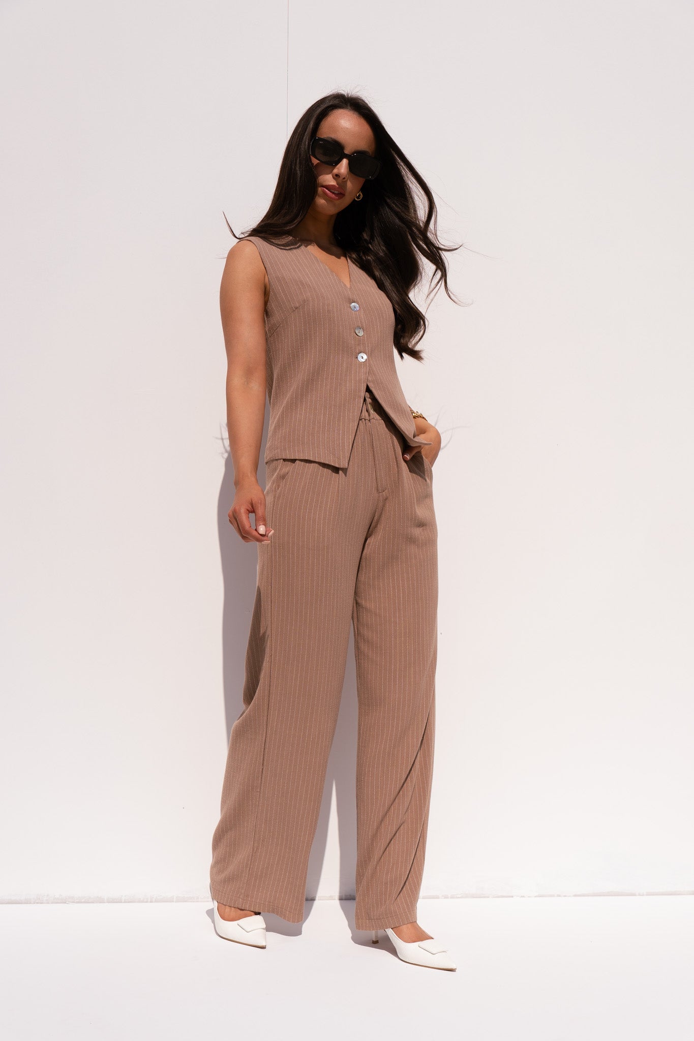 Love Laura Pinstripe Trousers In Mocha