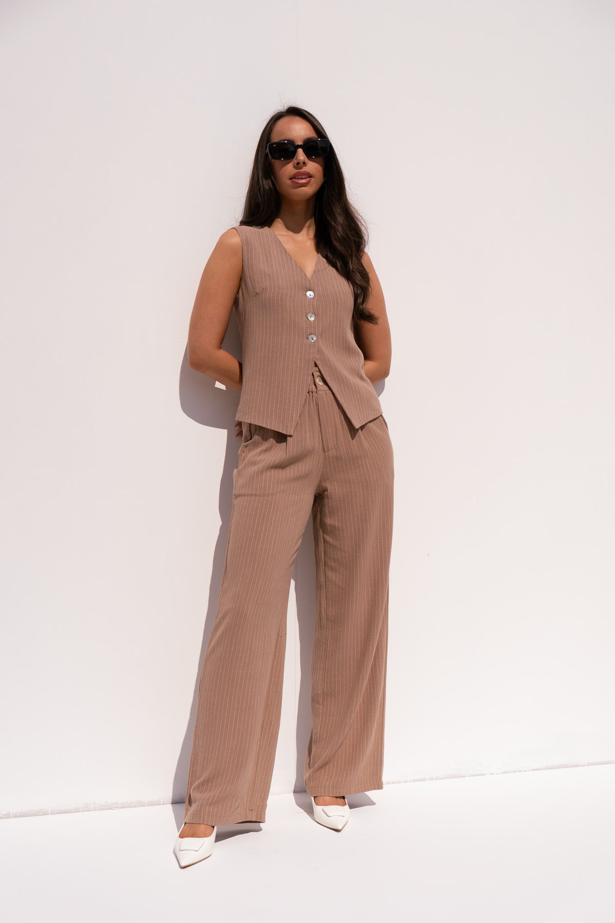 Love Laura Pinstripe Trousers In Mocha