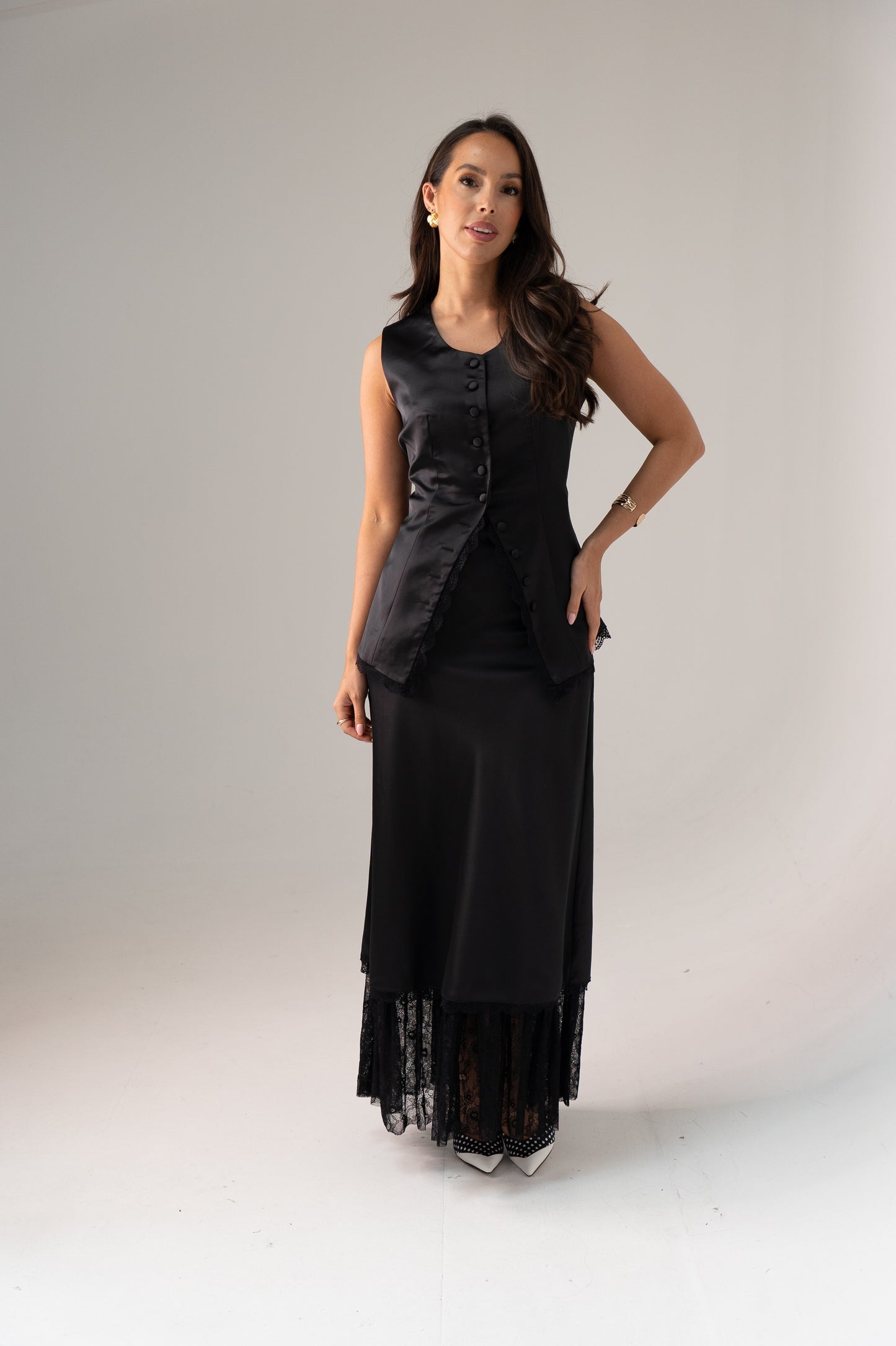 Love Laura Lace Trim Satin Waistcoat In Black