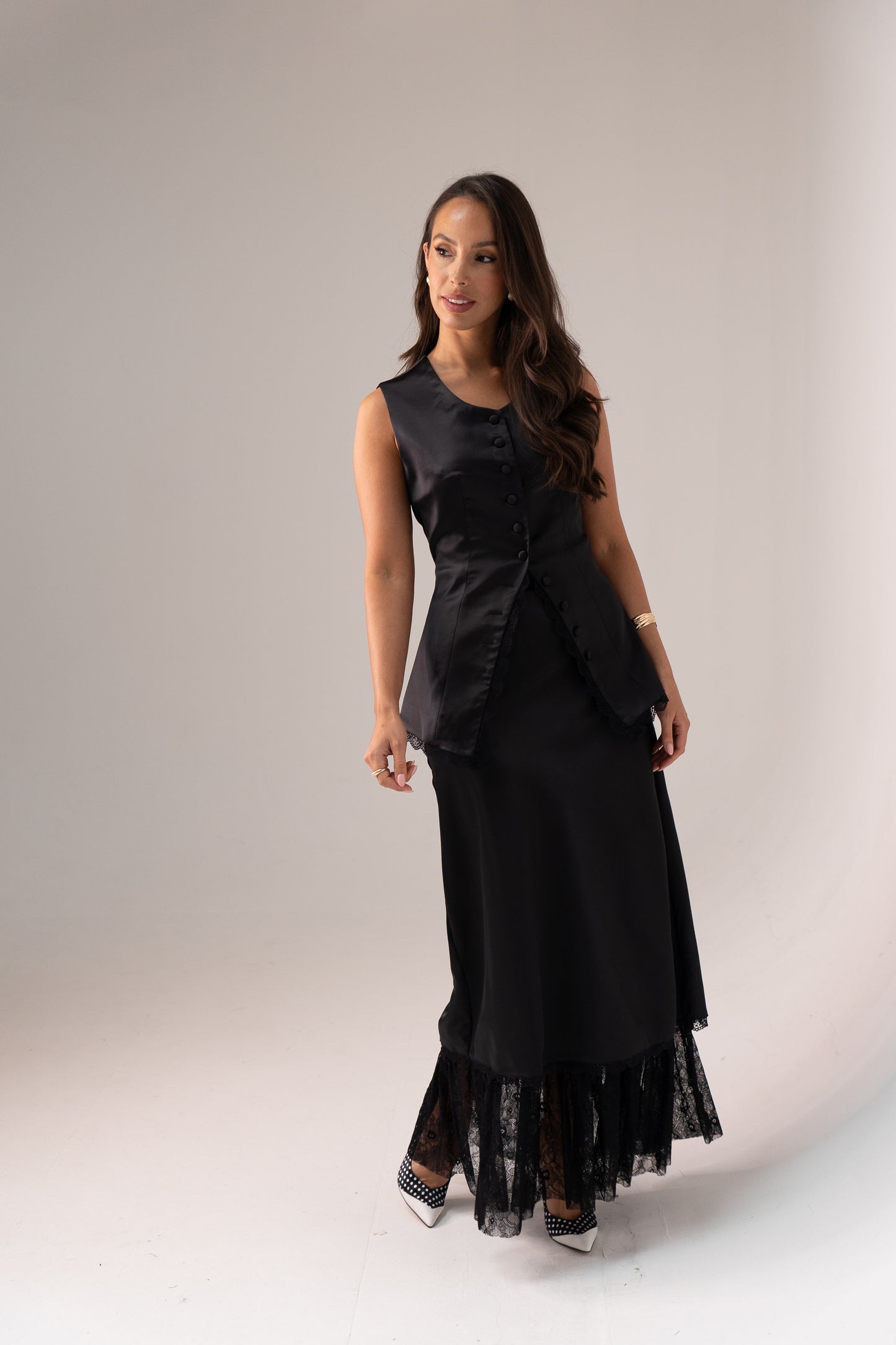 Love Laura Lace Trim Satin Skirt In Black