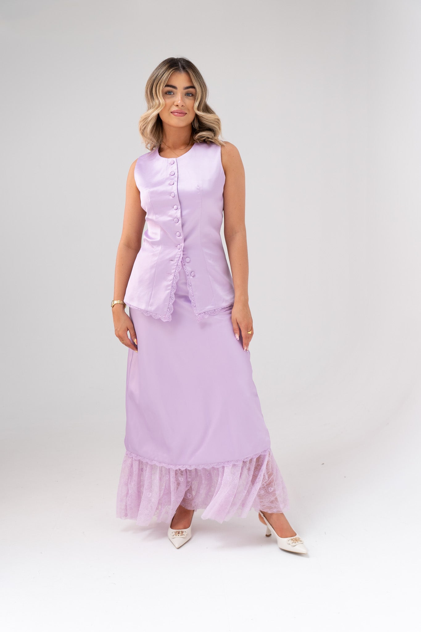 Love Laura Lace Trim Satin Waistcoat In Lilac